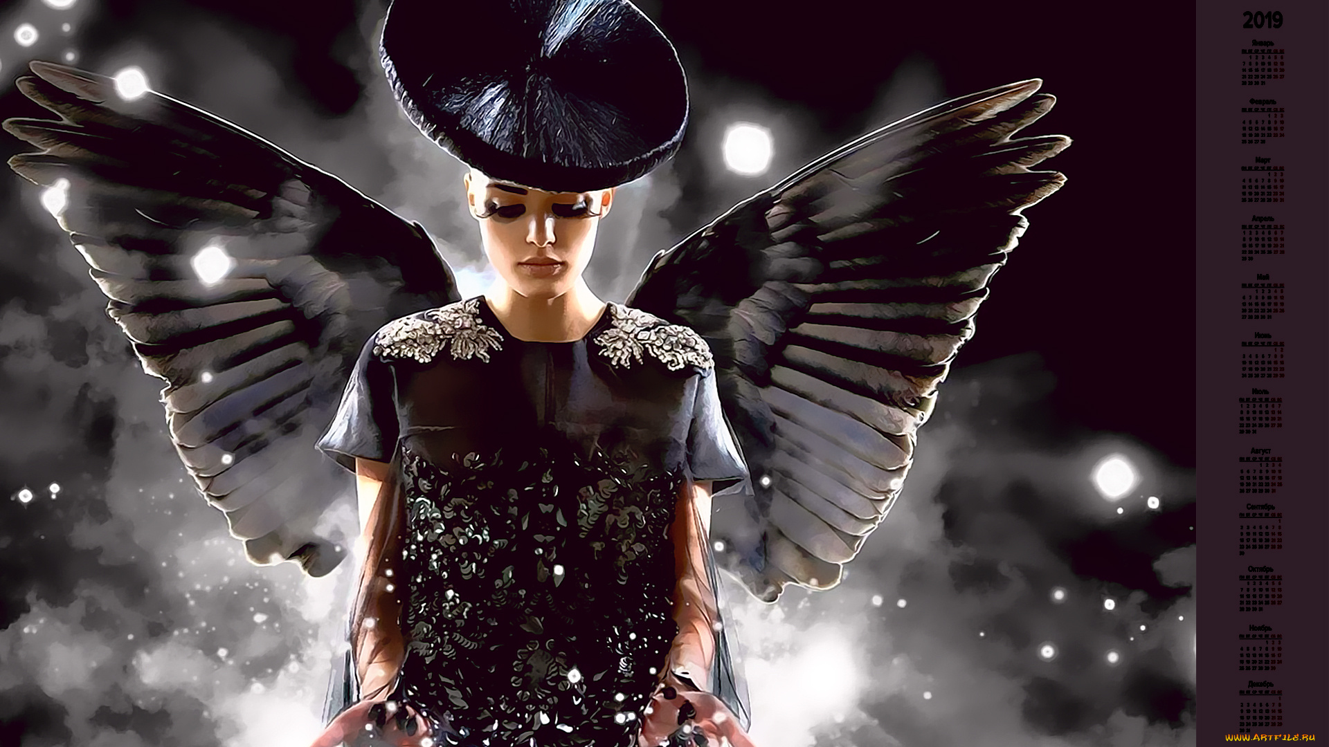 календари, фэнтези, крылья, девушка, шляпа