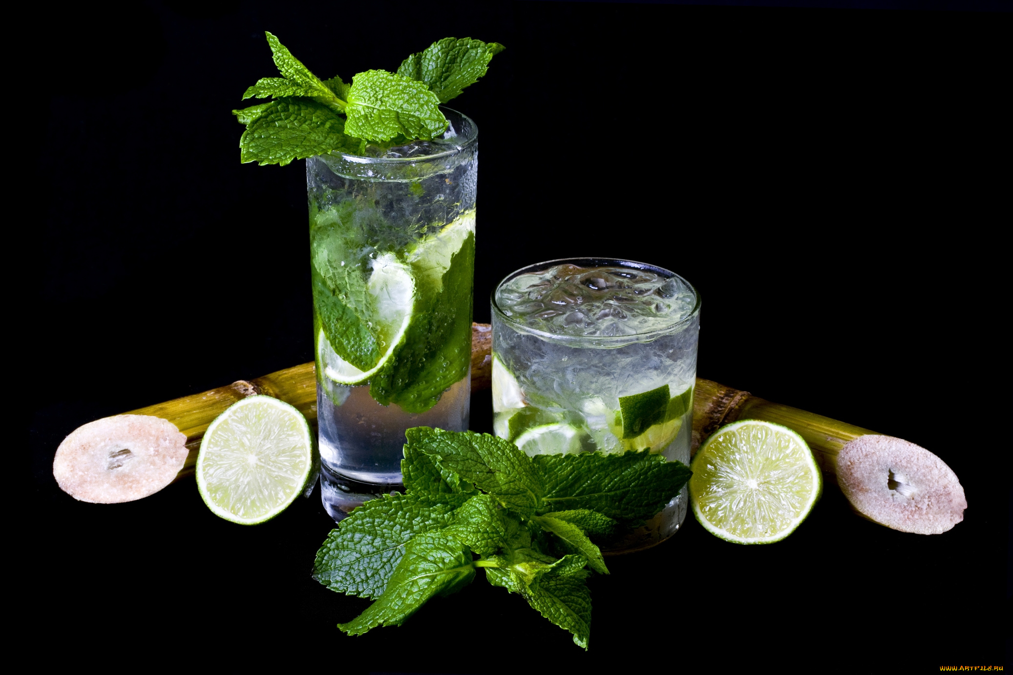 еда, напитки, , коктейль, бамбук, стаканы, коктейль, мохито, лайм, лед, мята
