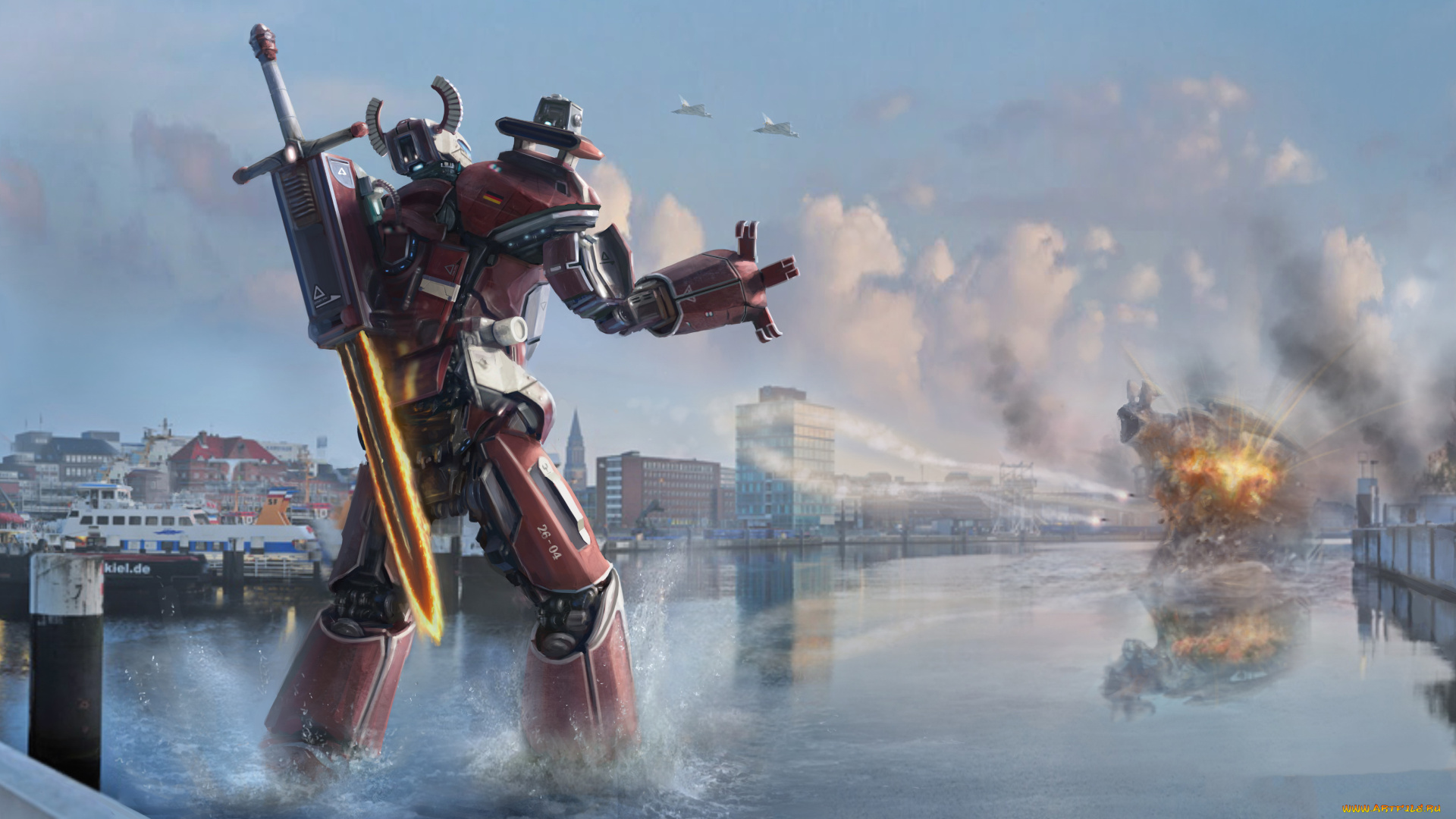 рисованное, кино, город, канал, фон, робот