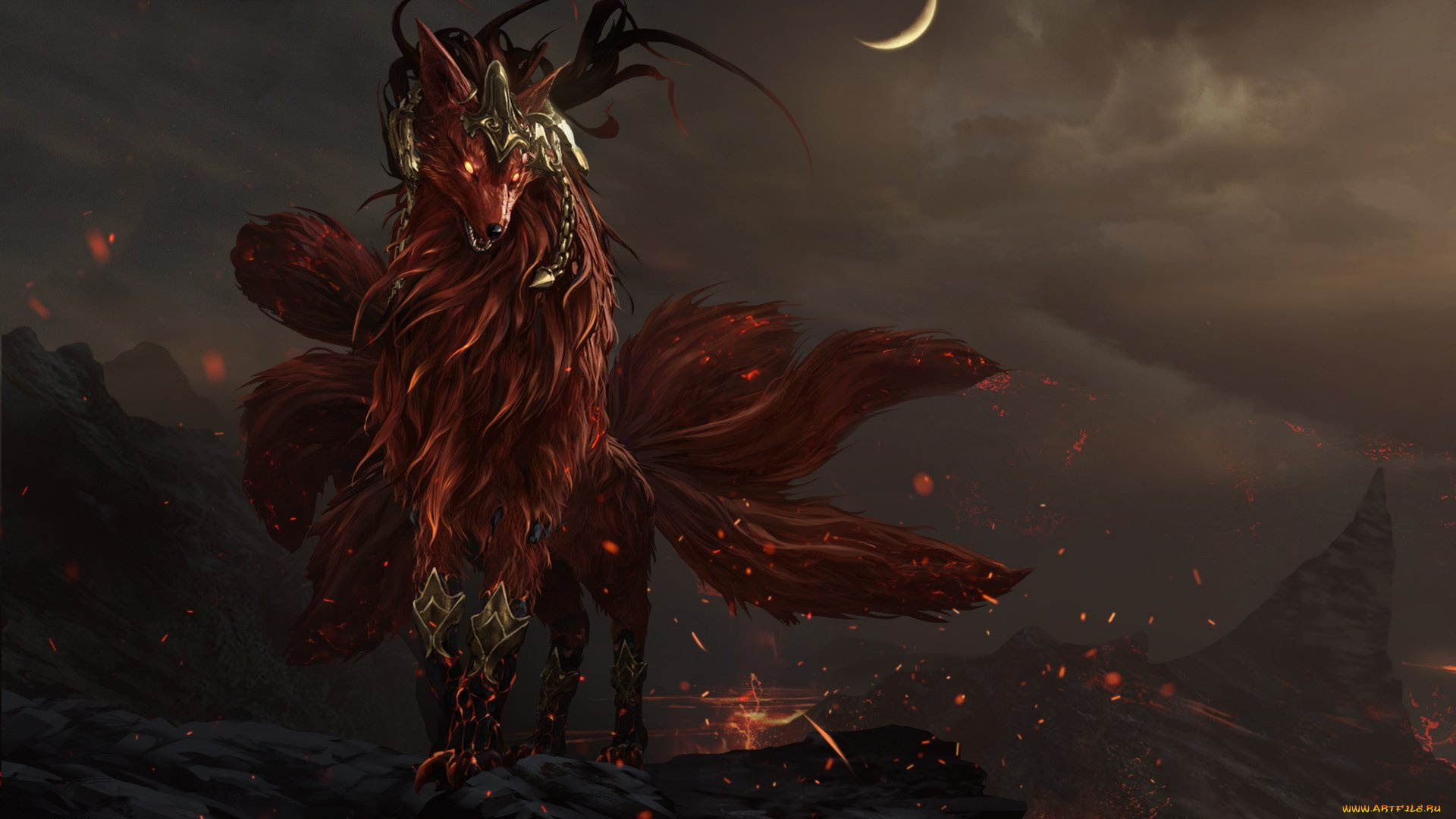 видео, игры, lost, ark, лис, демон, украшения, хвосты, искры, горы