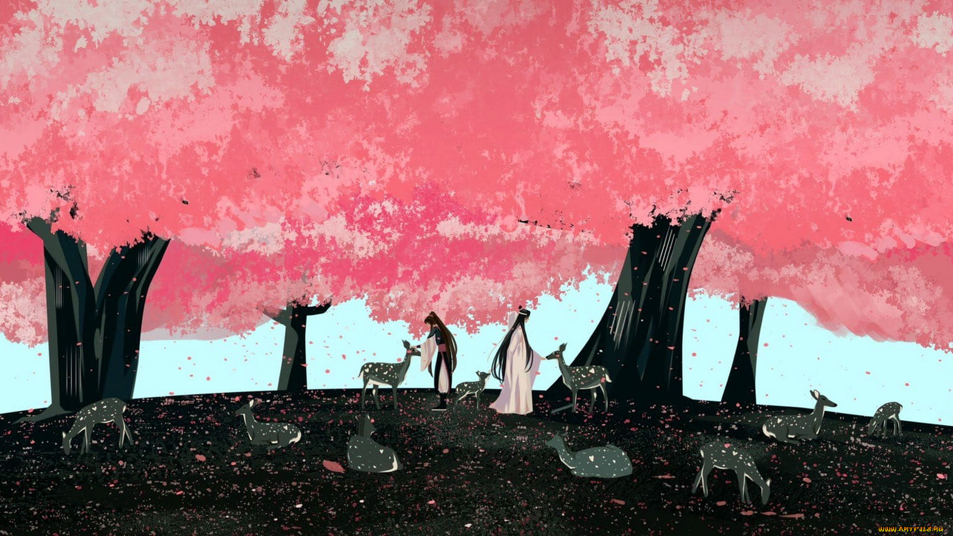 аниме, mo, dao, zu, shi, вэй, усянь, лань, ванцзы, деревья, цветение, олени