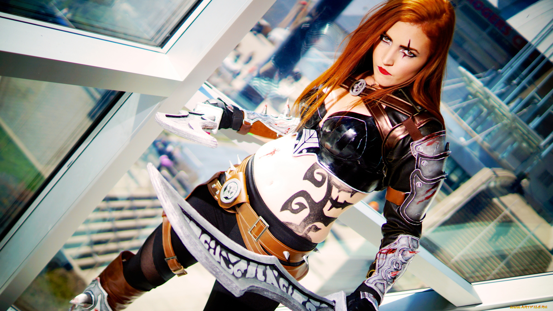 девушки, -, креатив, , косплей, девушка, фон, взглядж, меч, униформа