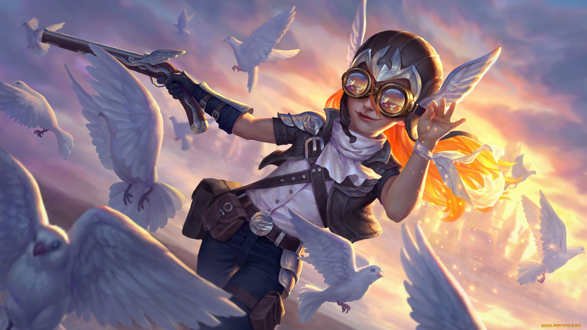 фэнтези, люди, мальчик, очки, сумки, пистолет, голуби