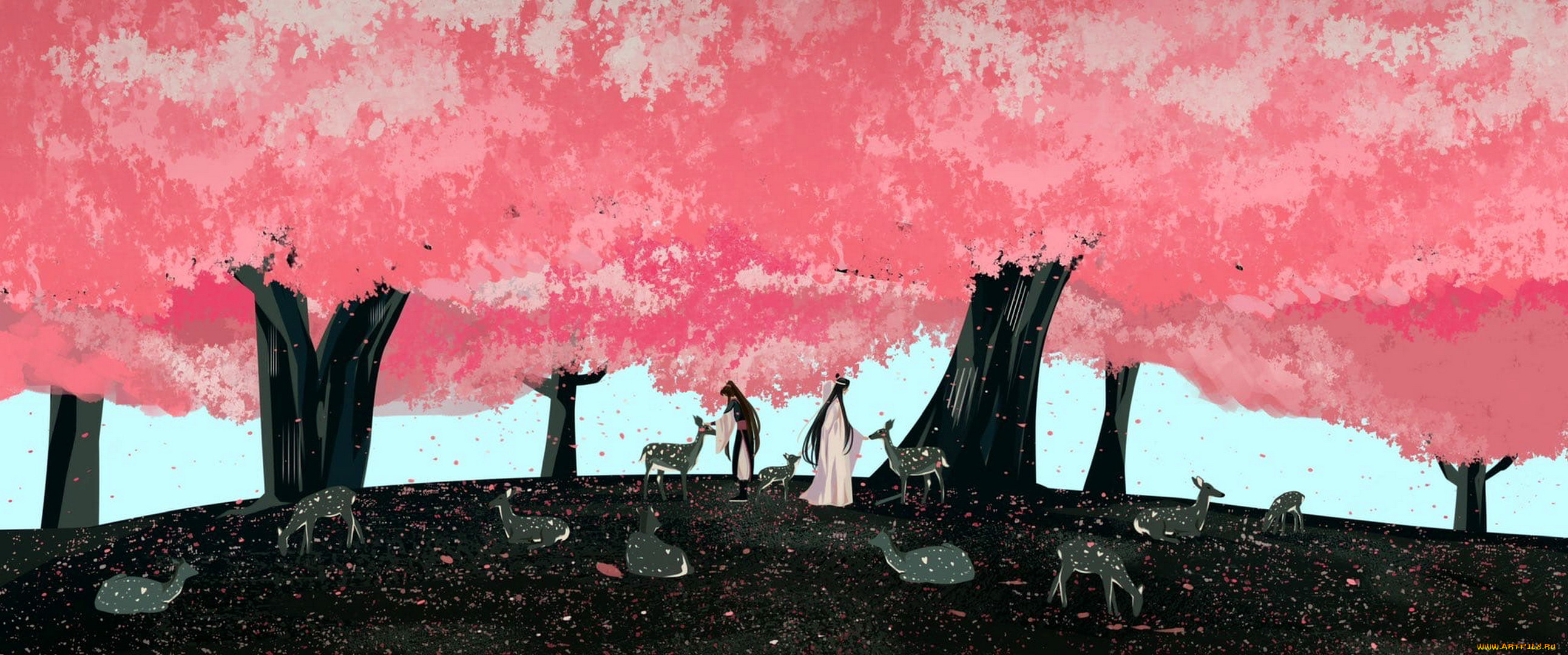 аниме, mo, dao, zu, shi, вэй, усянь, лань, ванцзы, деревья, цветение, олени