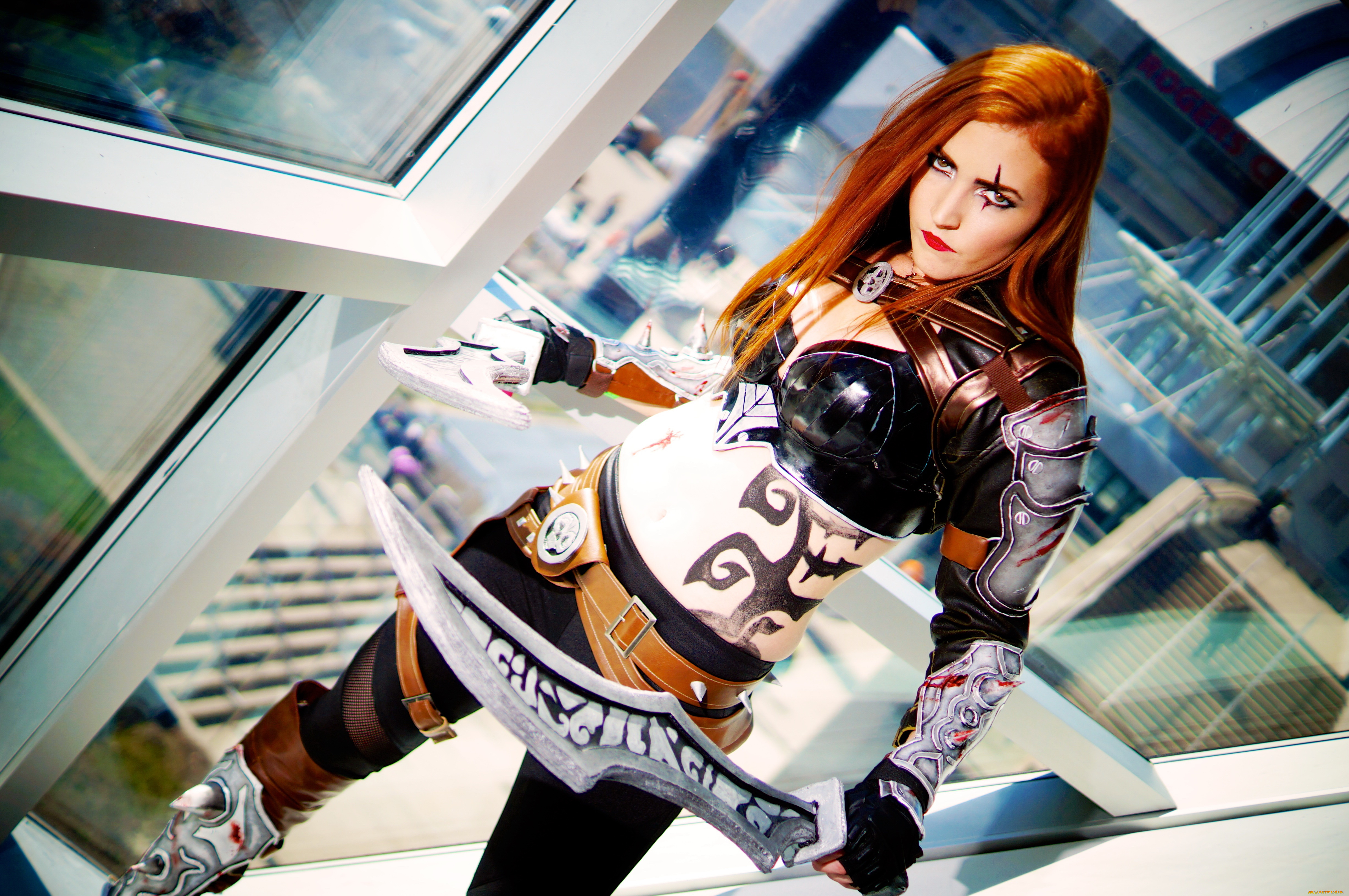 девушки, -, креатив, , косплей, девушка, фон, взглядж, меч, униформа