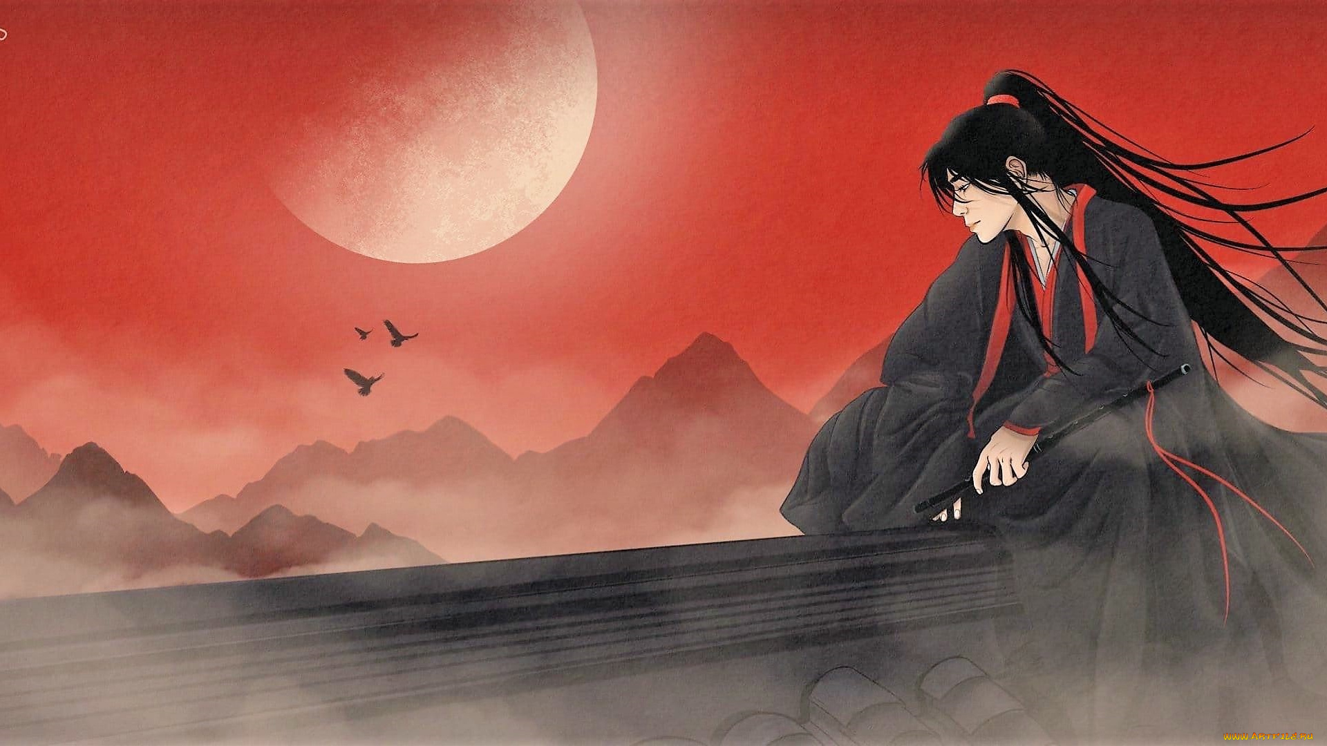 аниме, mo, dao, zu, shi, вэй, усянь, крыша, флейта, горы, закат