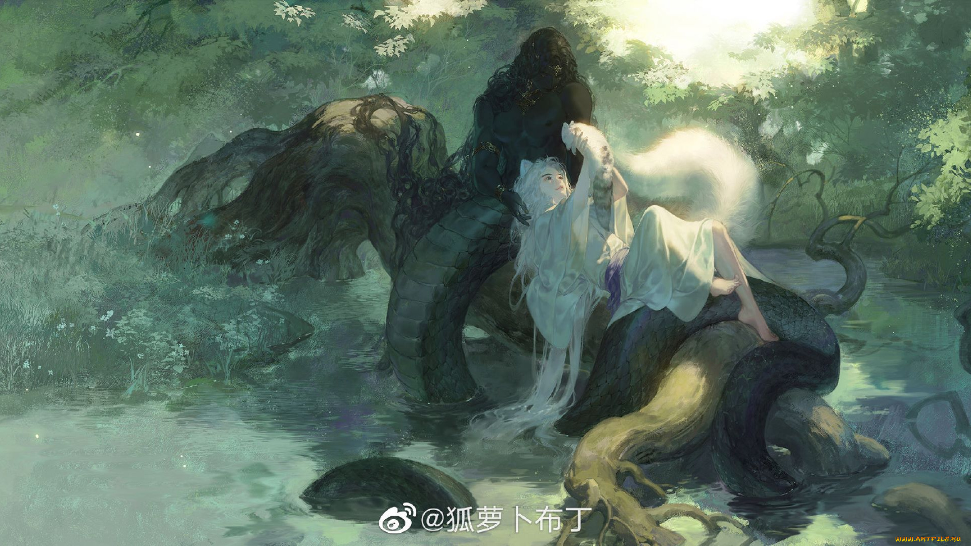 аниме, животные, , существа, наг, лис, озеро, деревья