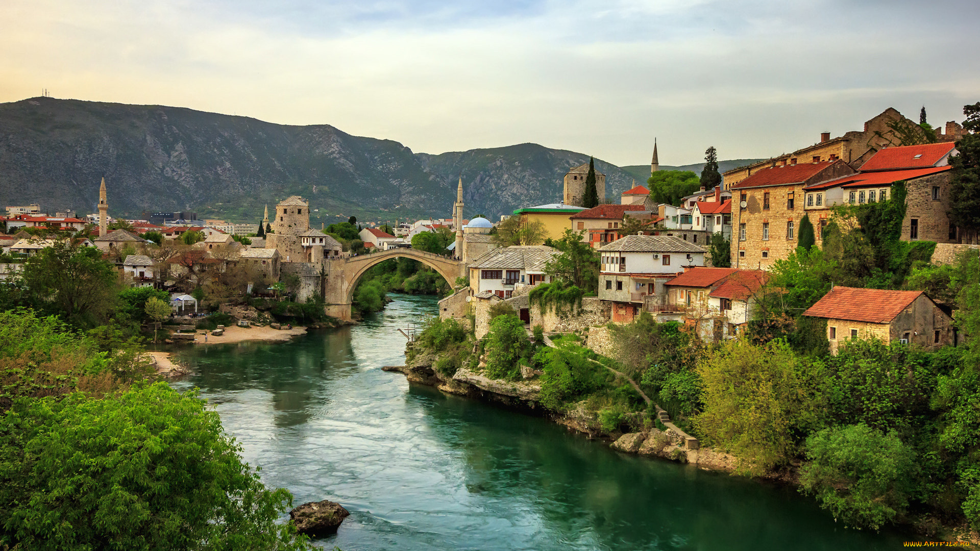 города, мостар, , босния, и, герцеговина, горы, река, мост, панорама