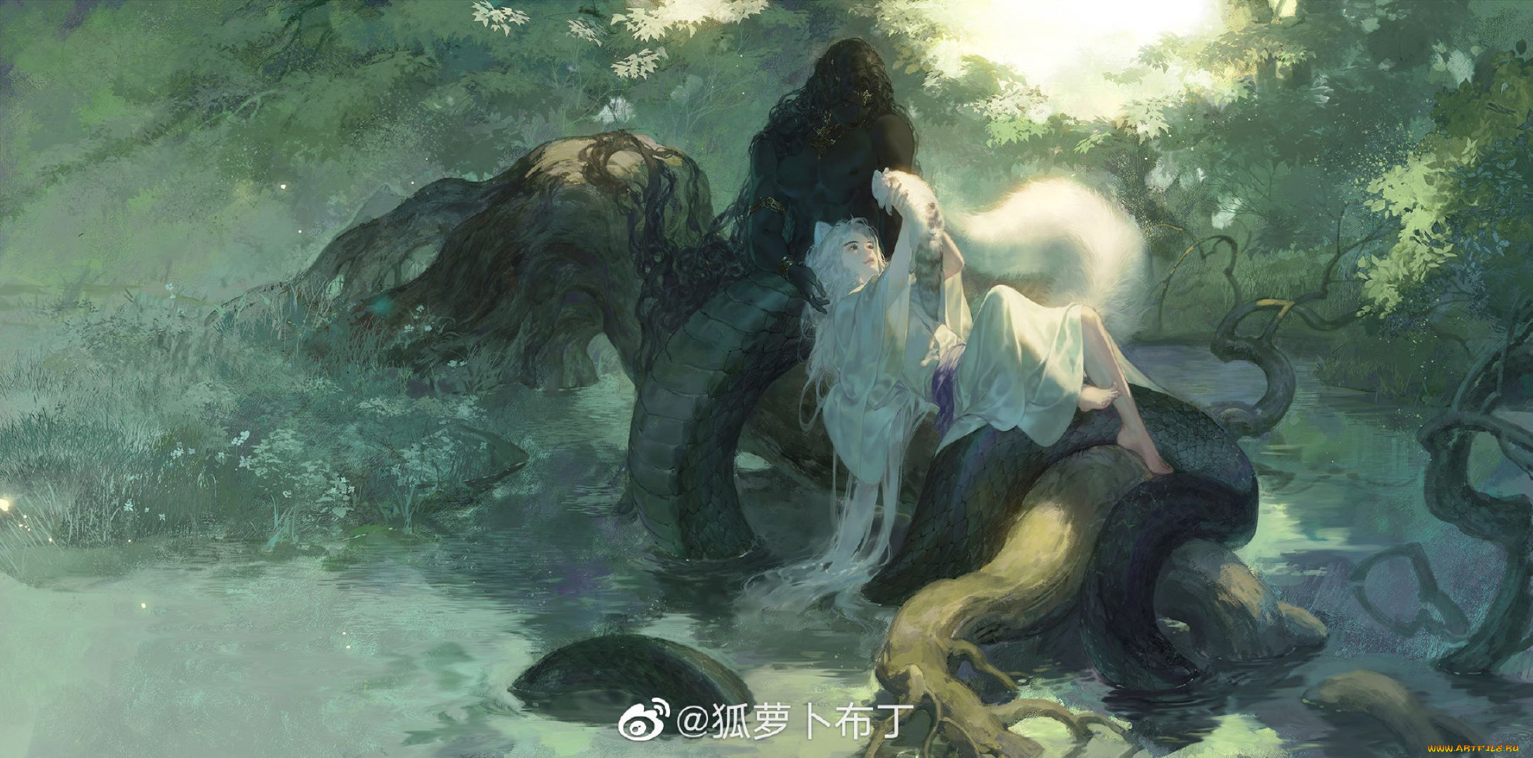 аниме, животные, , существа, наг, лис, озеро, деревья