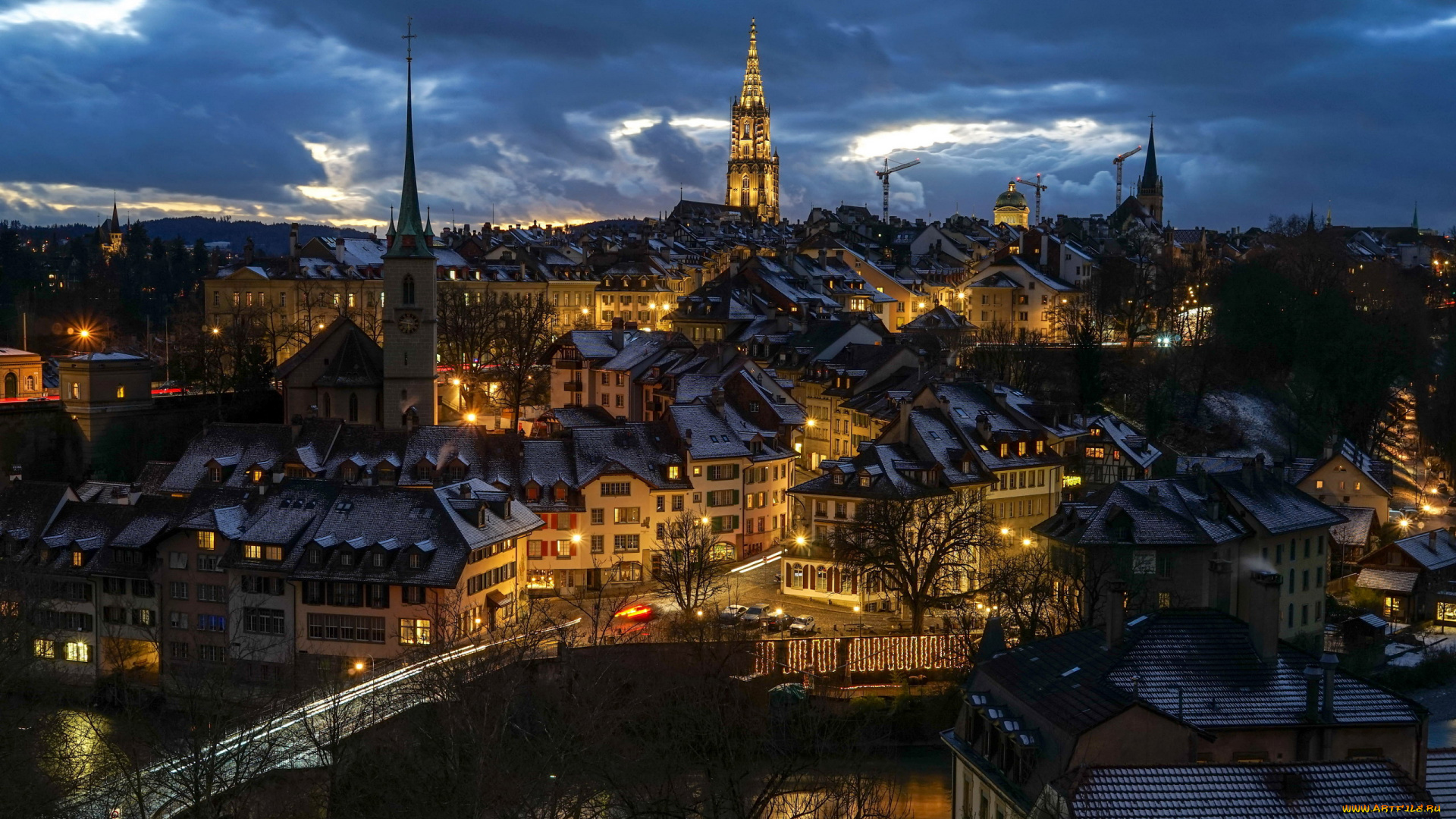 города, берн, , швейцария, вечер, огни, панорама