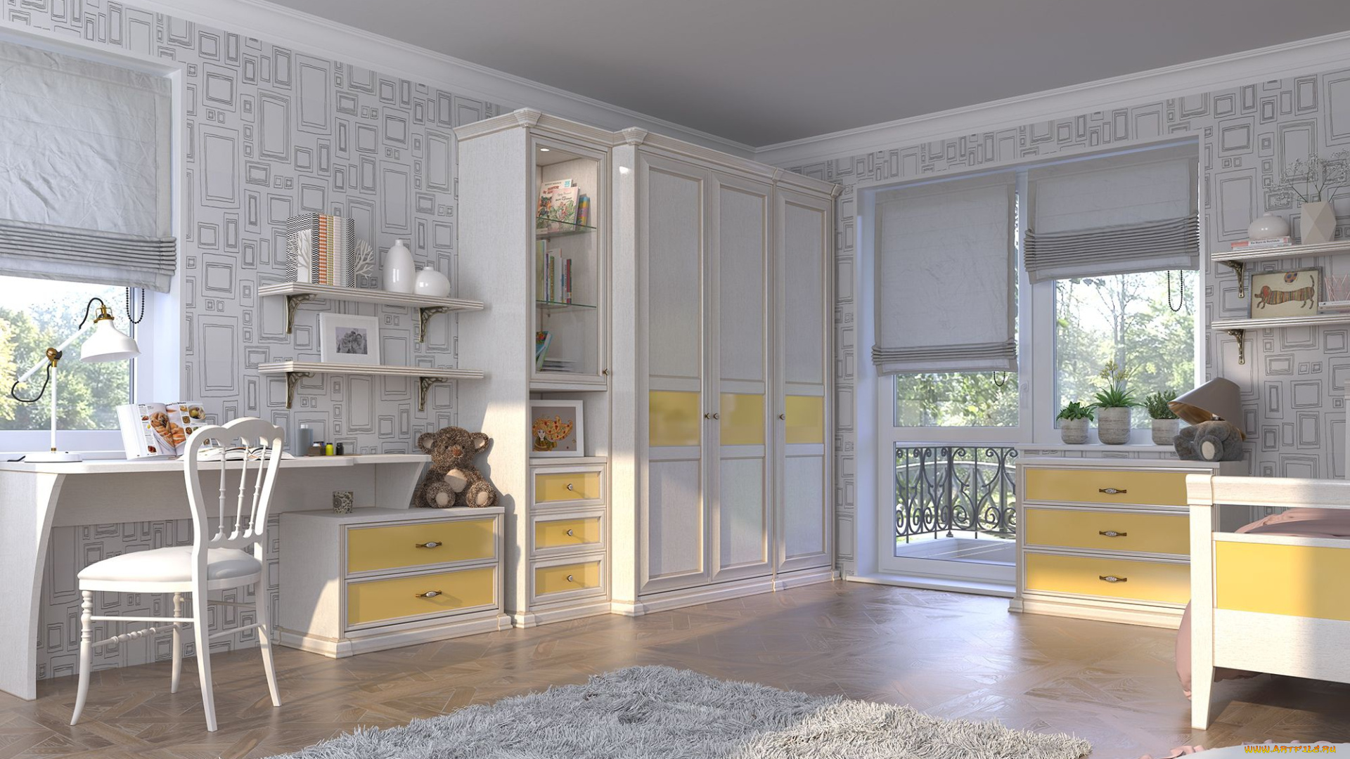 интерьер, детская, комната, шкаф, комод, кровать, письменный, стол