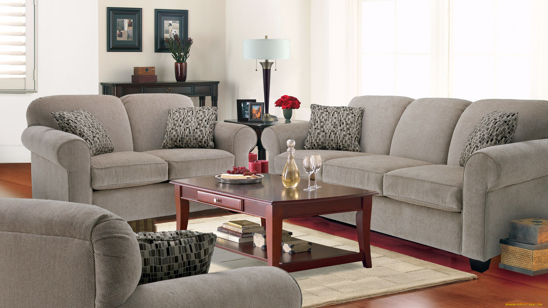 интерьер, гостиная, мягкий, уголок, настольная, лампа, журнальный, столик