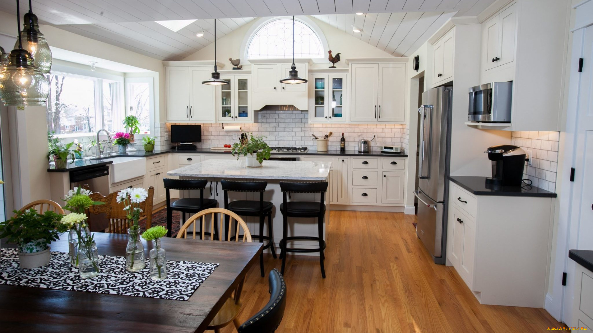 интерьер, кухня, плита, люстры, шкафчики