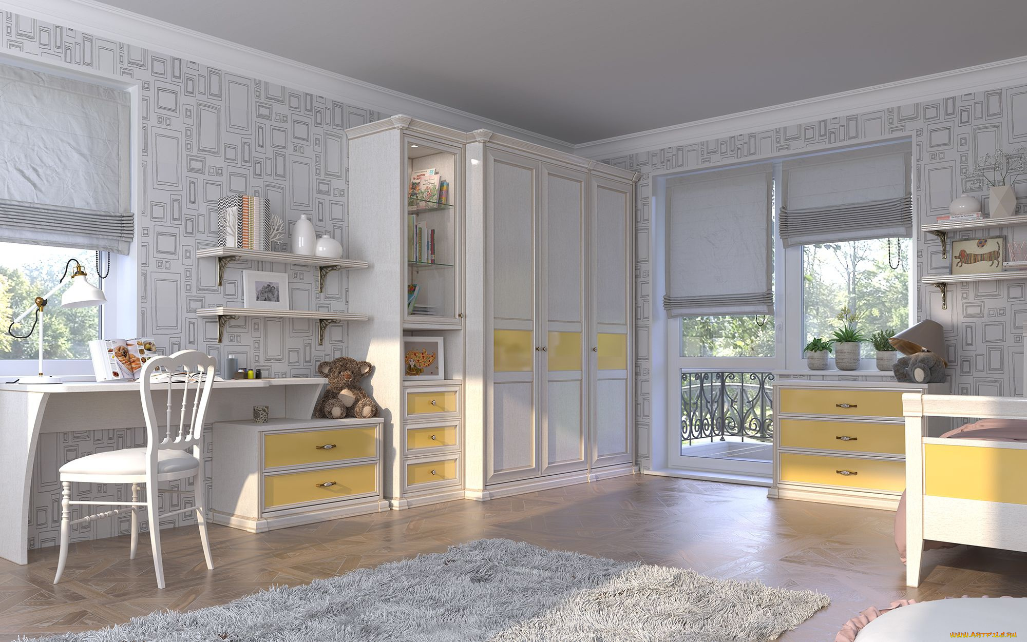 интерьер, детская, комната, шкаф, комод, кровать, письменный, стол