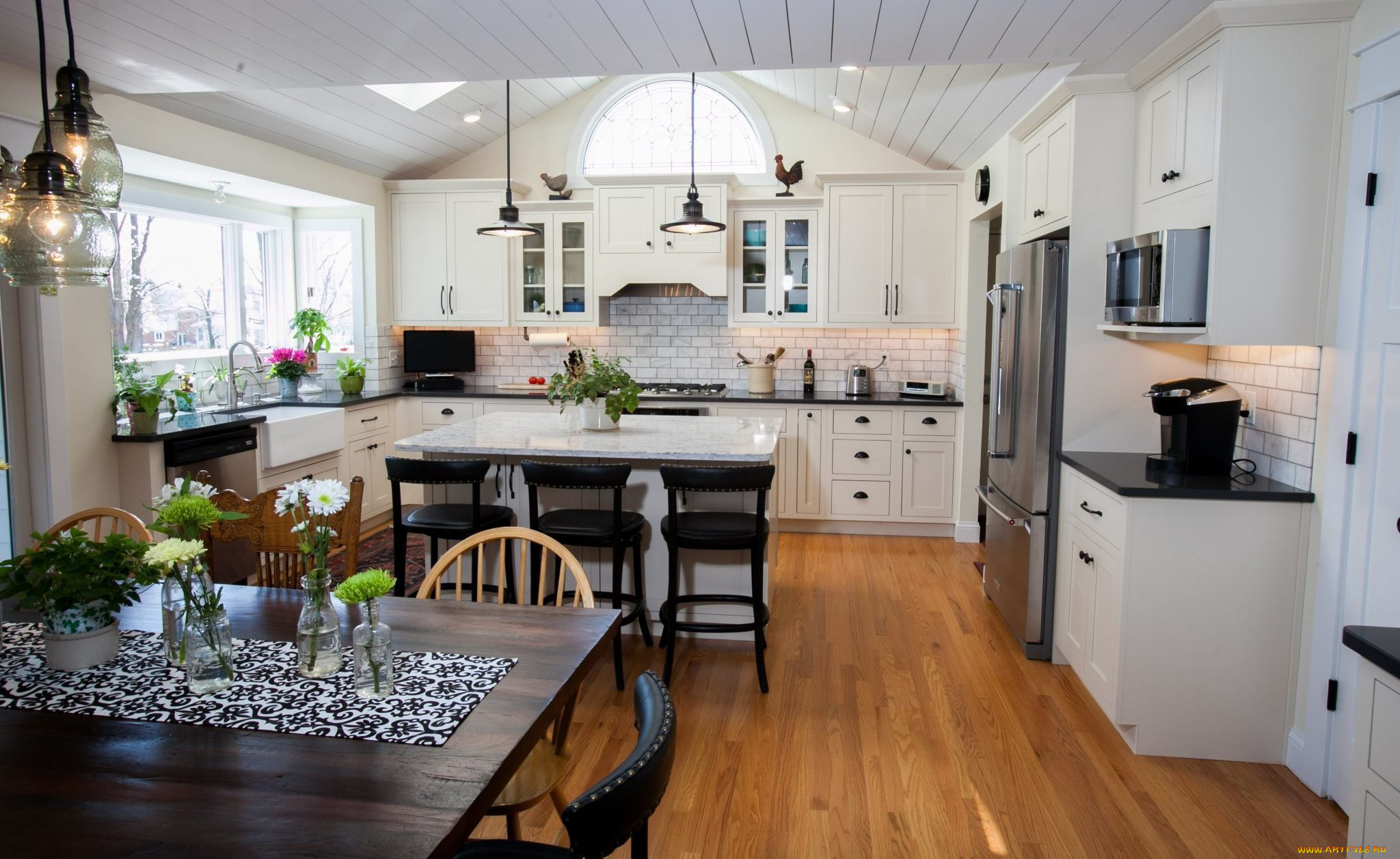 интерьер, кухня, плита, люстры, шкафчики