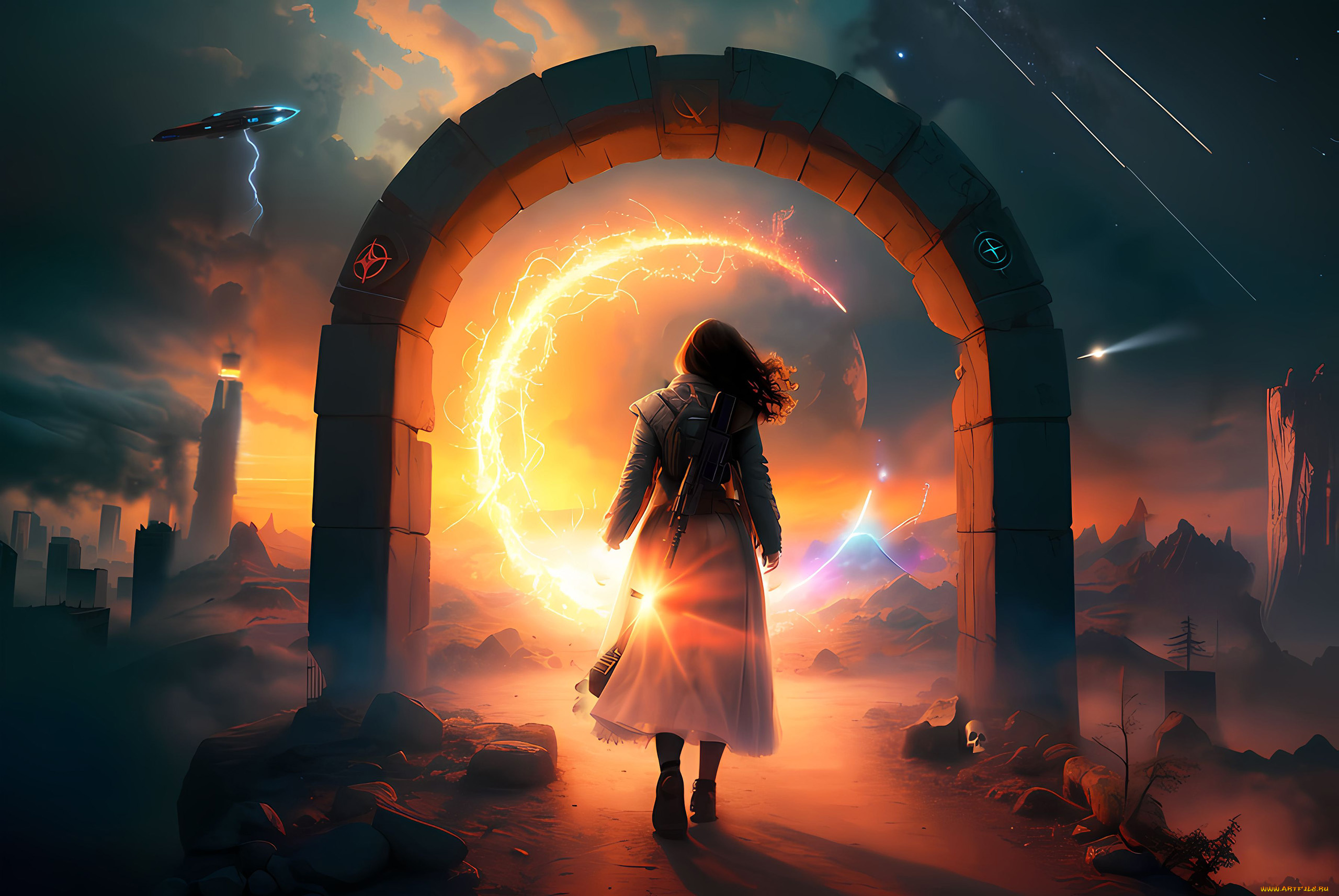 фэнтези, иные, миры, , иные, времена, нейросети, графика, нейроарт, ai, art, нейронные, сети, рисунки, нейро, искусство, девушка, входит, в, портал, фантастика, магия, молния