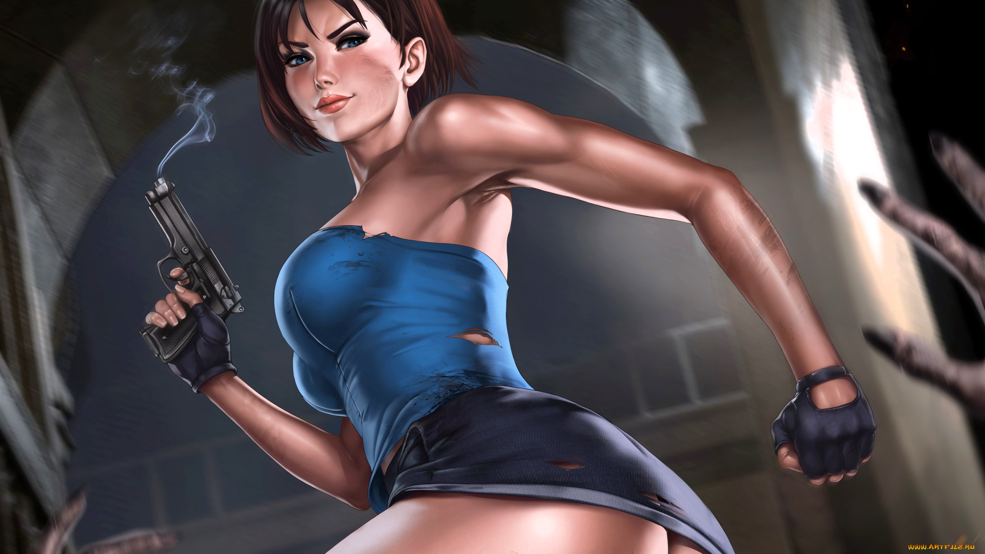 видео, игры, resident, evil, девушка, оружие, upskirt, под, юбкой, задралась, приподняла, трусики, вид, сзади, сбоку, бежит