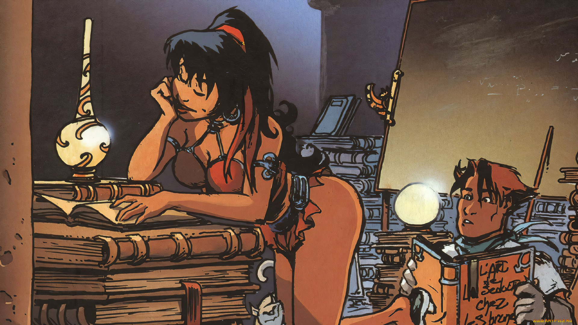 295764, рисованное, люди, девушка, книги, парень