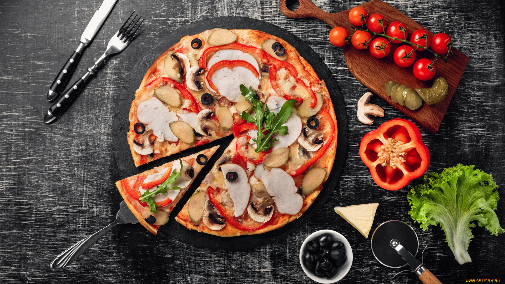 еда, пицца, помидоры, перец, маслины, шампиньоны