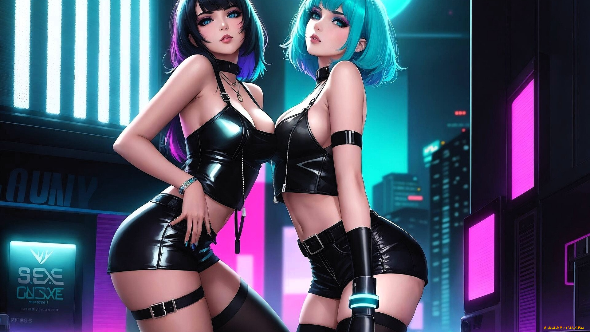 фэнтези, девушки, топ, шорты, город, дома, неон