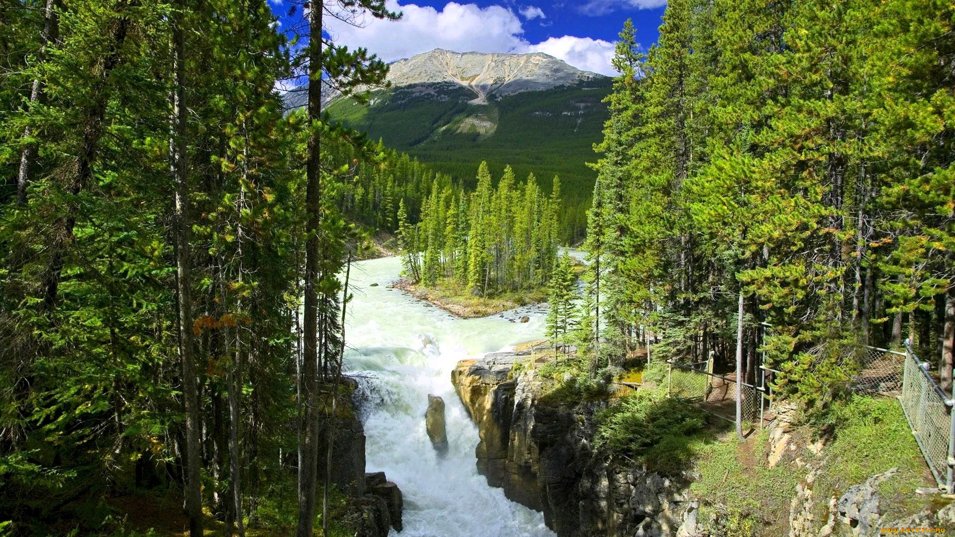 природа, водопады, лес, небо, облака, гора, остров, река, водопад