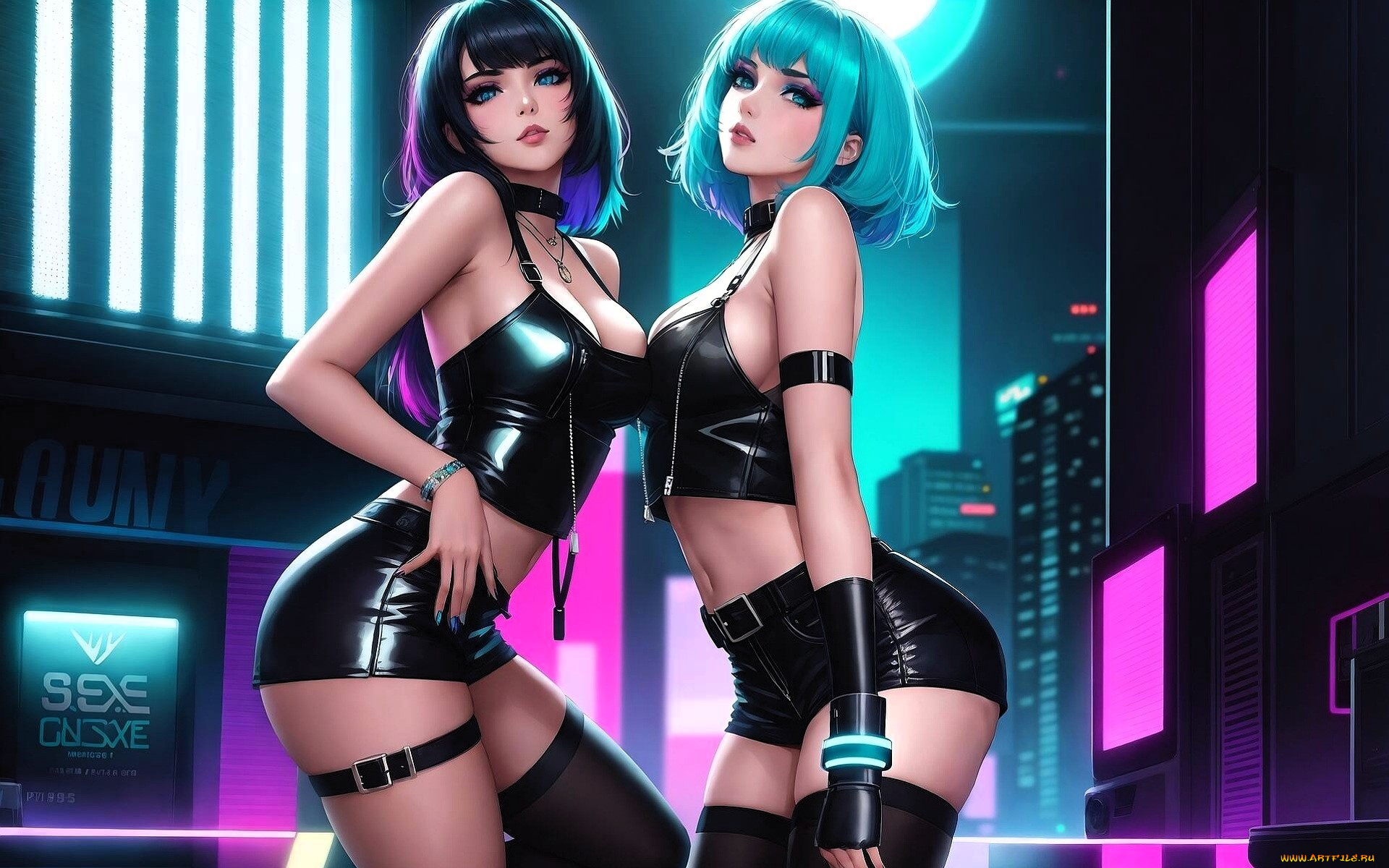 фэнтези, девушки, топ, шорты, город, дома, неон