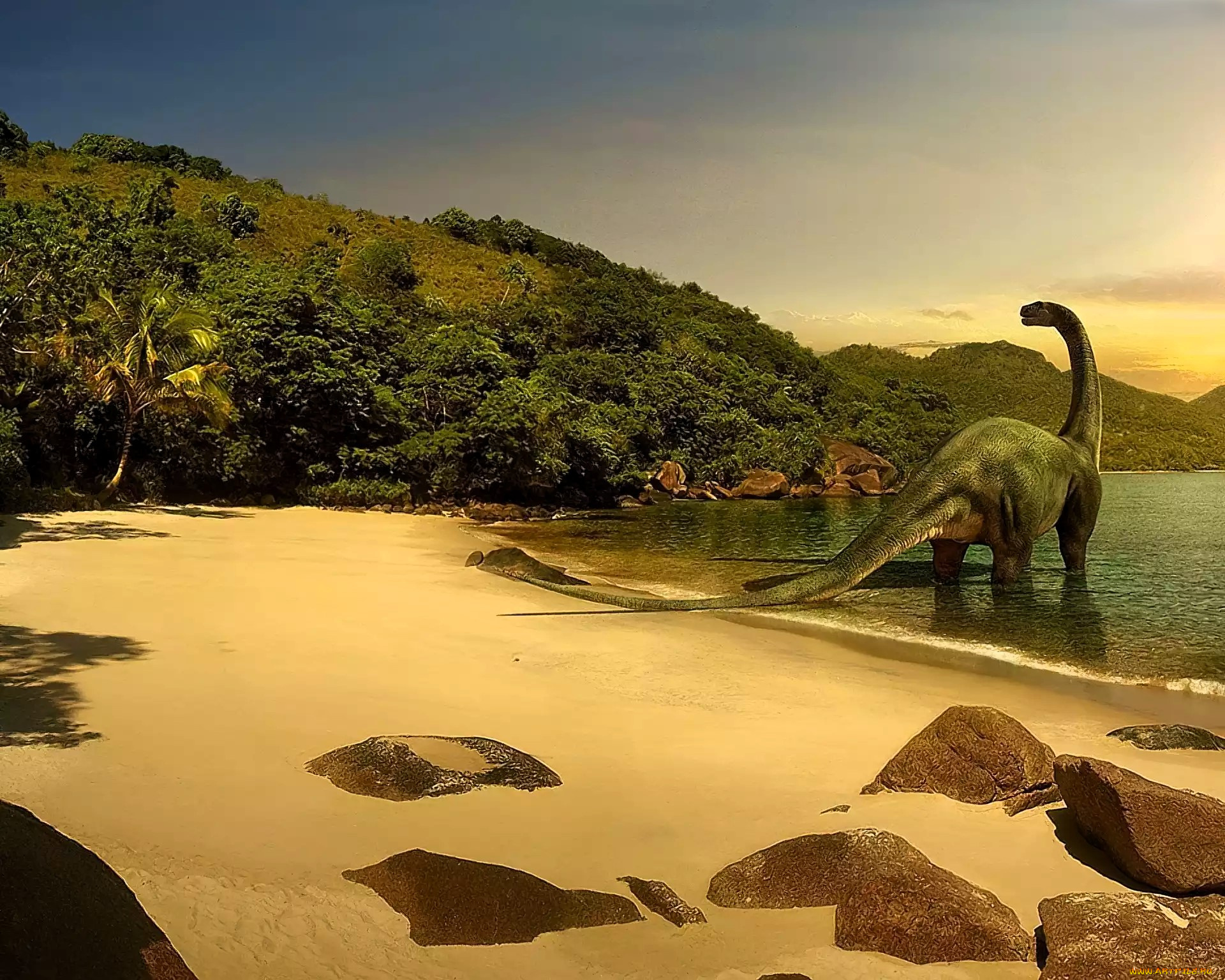 разное, динозавры, динозавр, горы, камни, пляж, озеро, лес