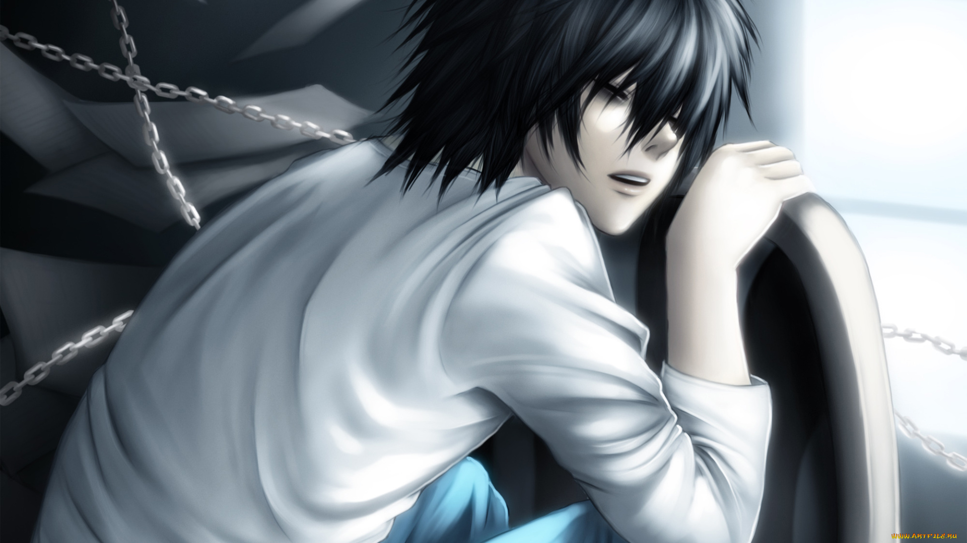 аниме, death, note, l, lawliet, тетрадь, смерти, парень, спит, цепи, листы, кресло, свет