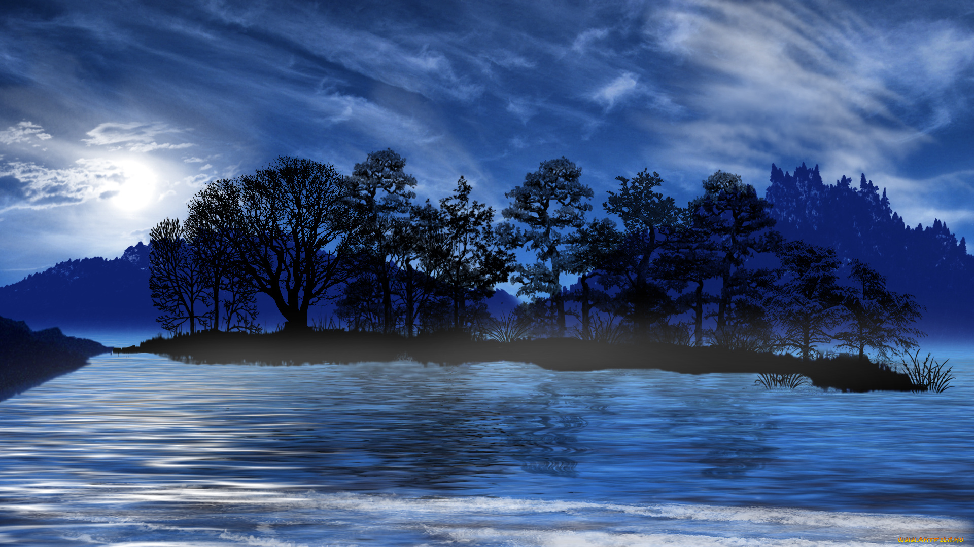 enchanted, eve, 3д, графика, nature, landscape, природа, деревья, облака, остров, река