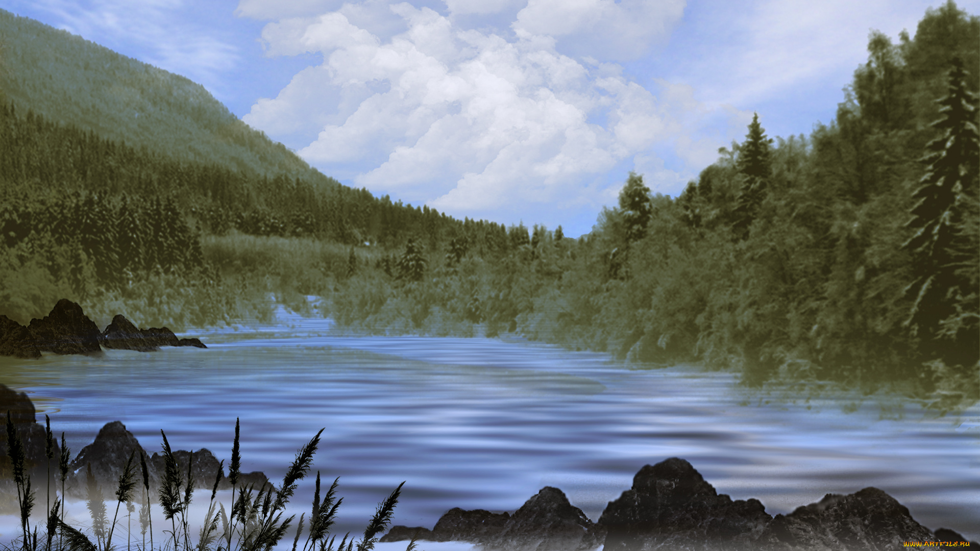 fishing, hole, 3д, графика, nature, landscape, природа, горы, камыш, озеро, тайга