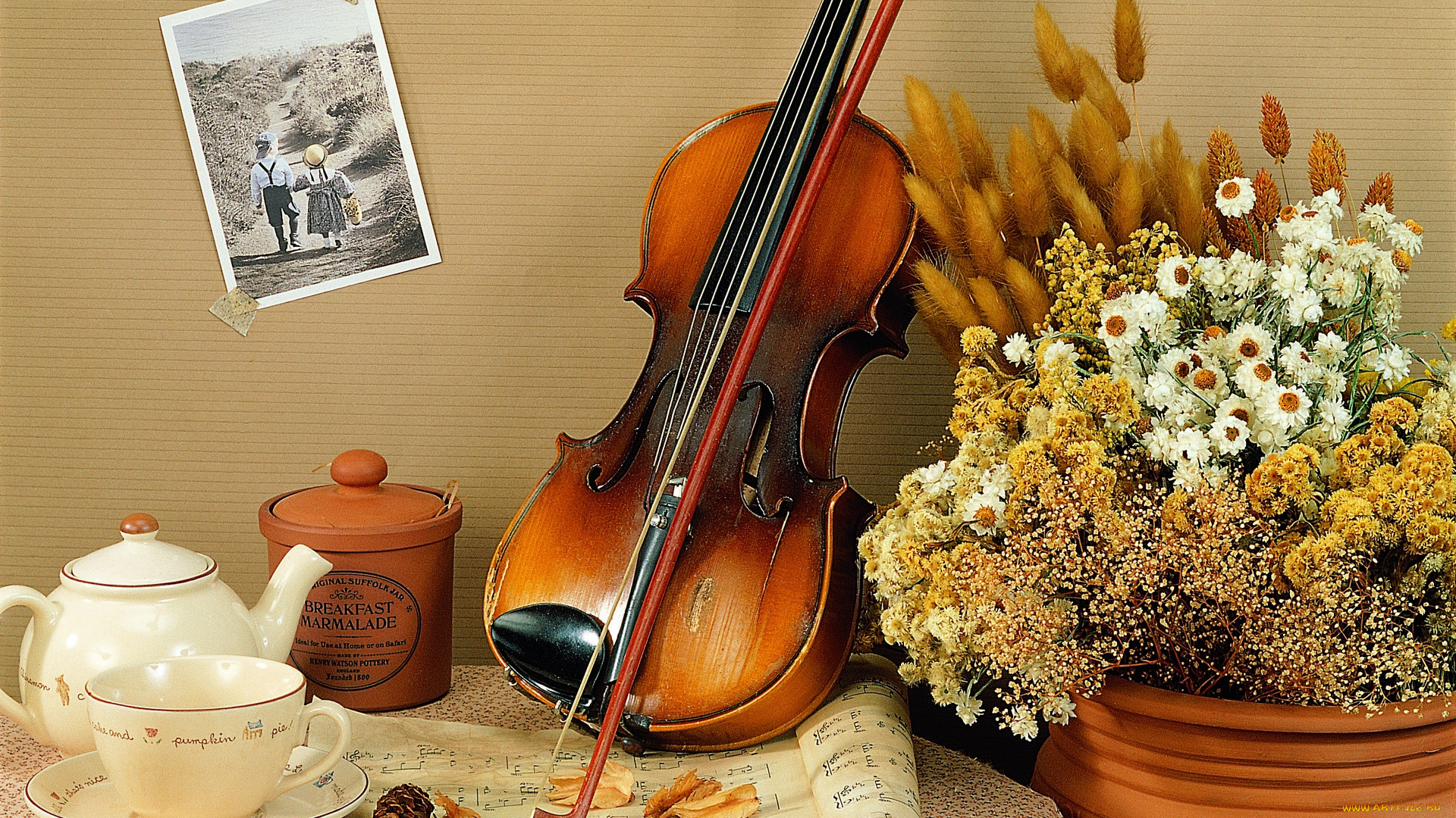 музыка, музыкальные, инструменты, угощение, букет, скрипка