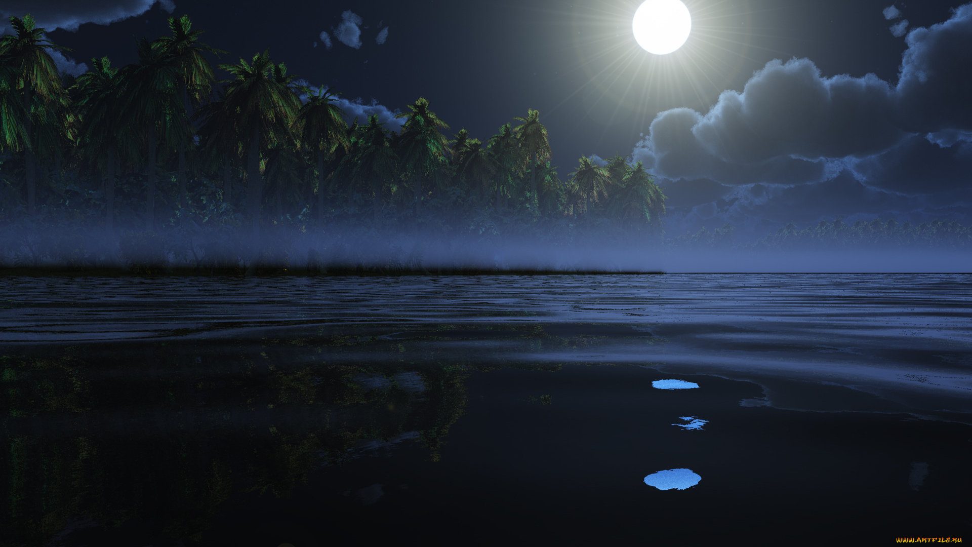 patience, night, version, 3д, графика, nature, landscape, природа, темный, фон, океан, солнце, пальмы