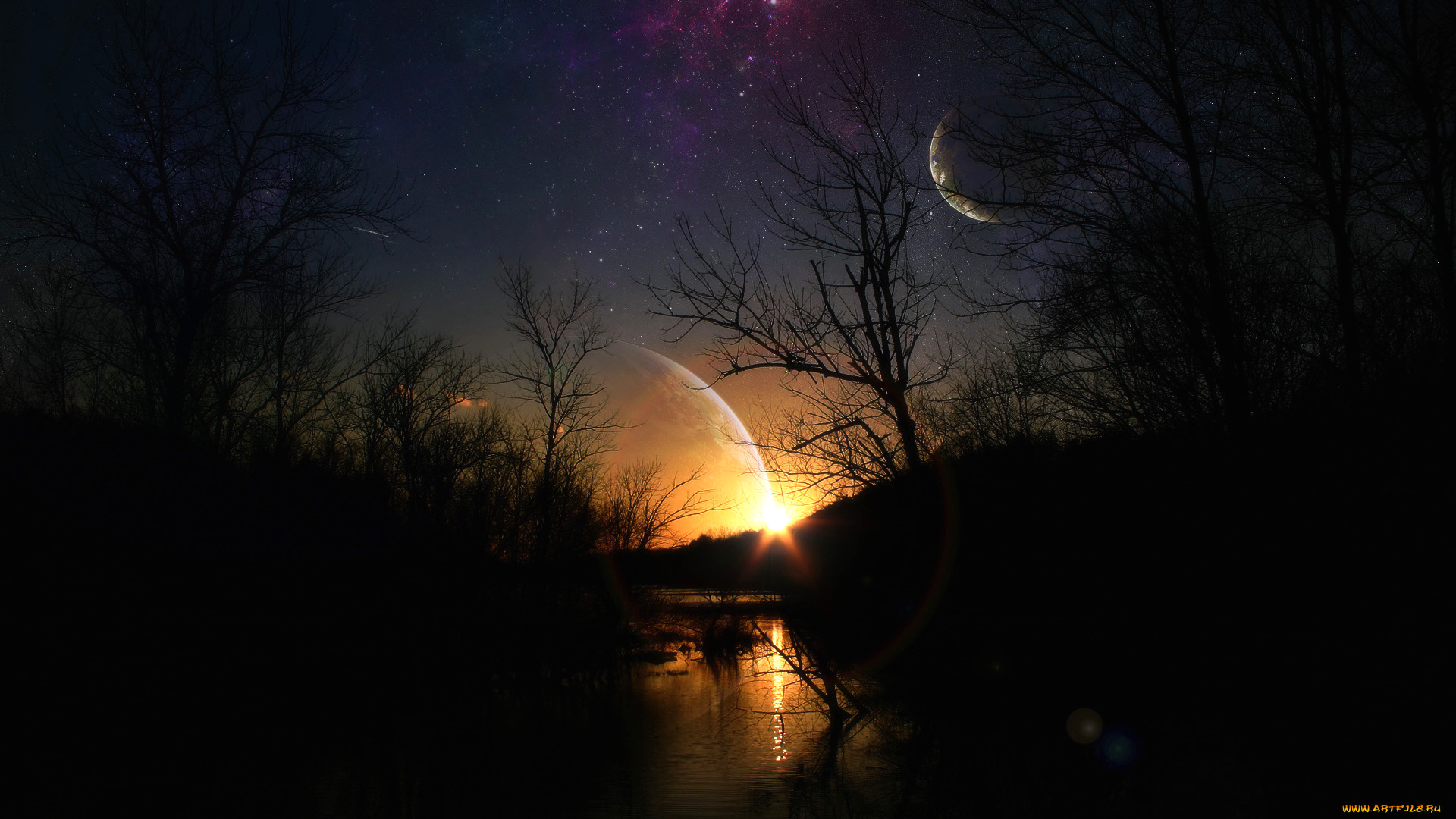 разное, компьютерный, дизайн, река, деревья, планеты