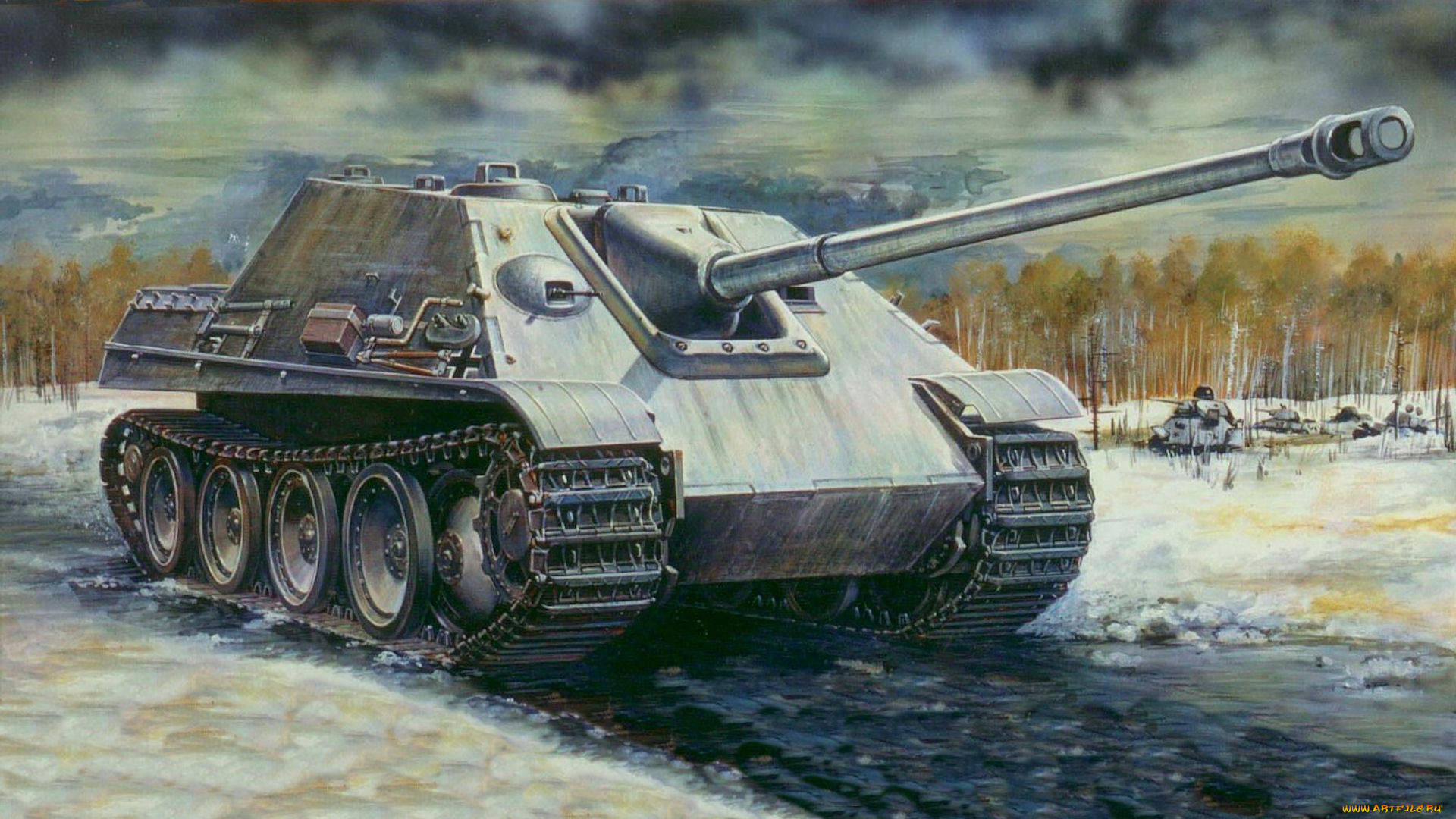 рисованные, армия, т-34, зима, война, jagdpanther