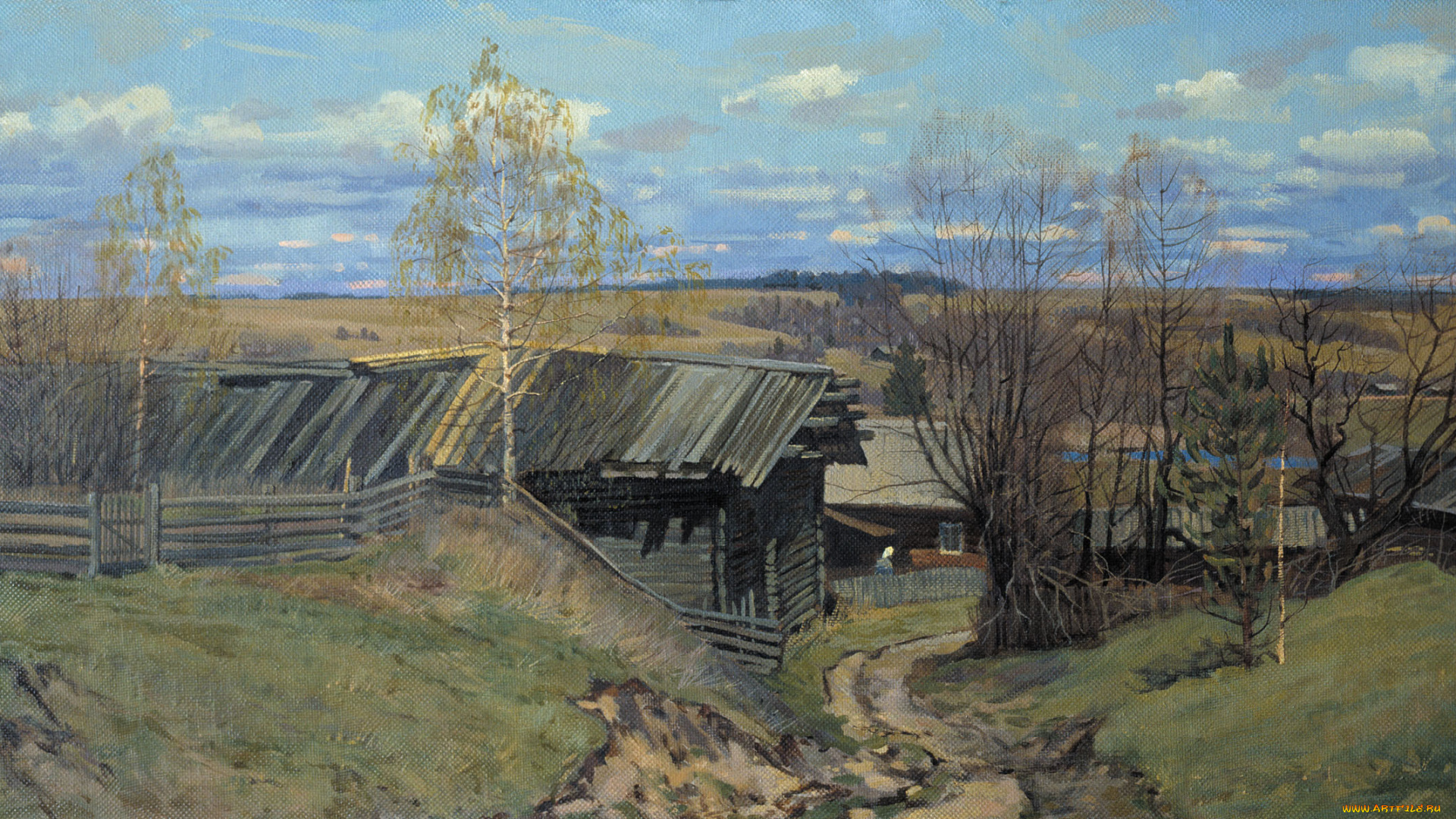 рисованные, природа, облака, деревня, дорога