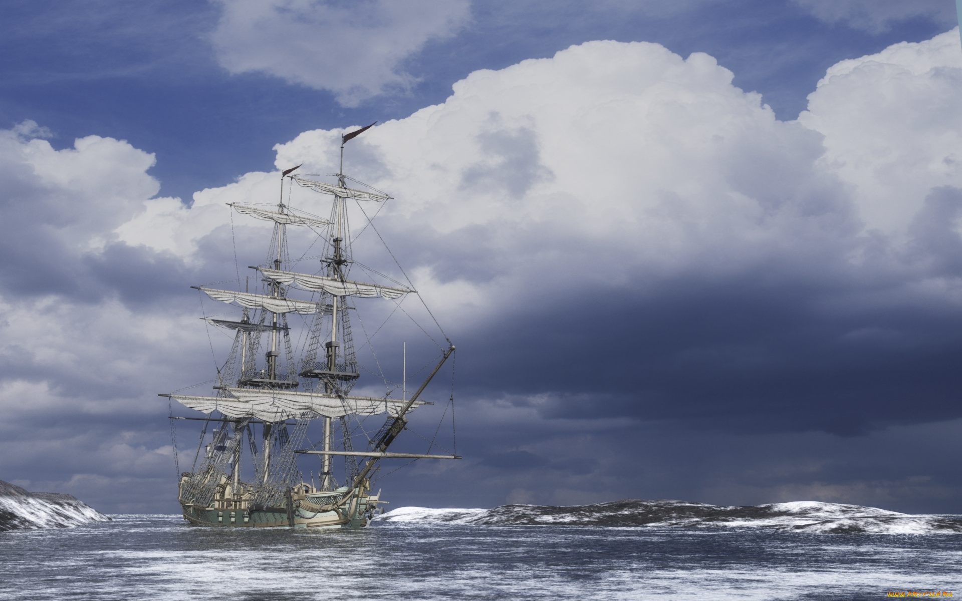 arriving, aurora, корабли, парусники, тучи, небо, море, корабль