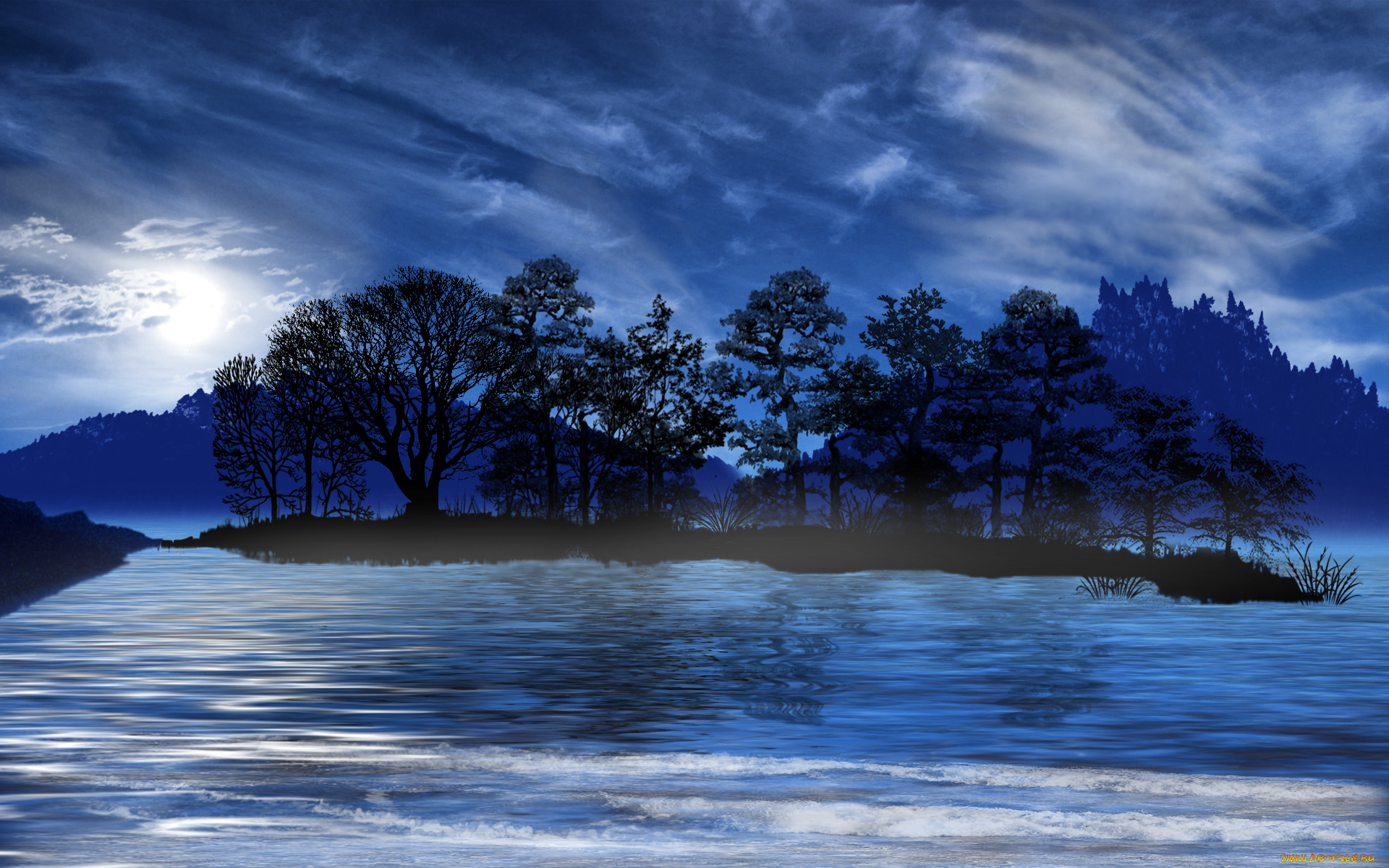 enchanted, eve, 3д, графика, nature, landscape, природа, деревья, облака, остров, река