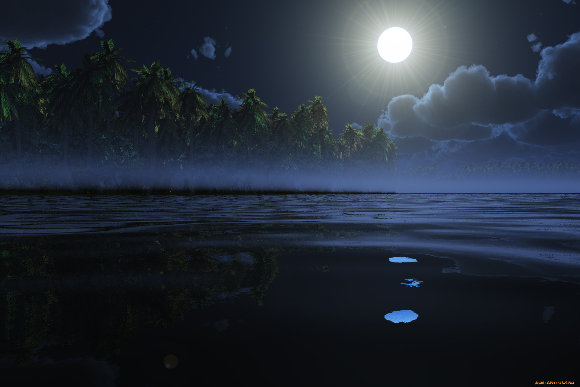 patience, night, version, 3д, графика, nature, landscape, природа, темный, фон, океан, солнце, пальмы