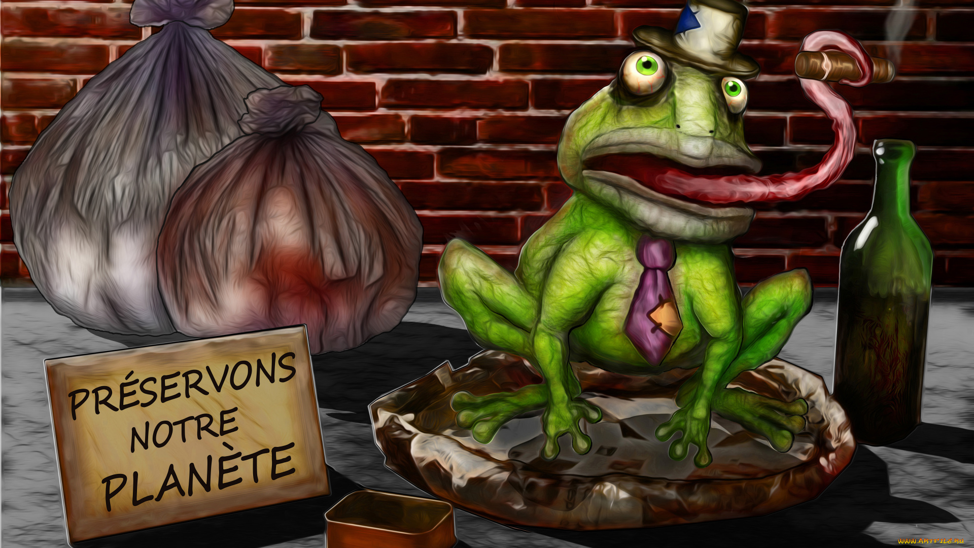 фэнтези, существа, лягушка, бутылка, сигара, язык, галстук, шляпа, дым, табличка