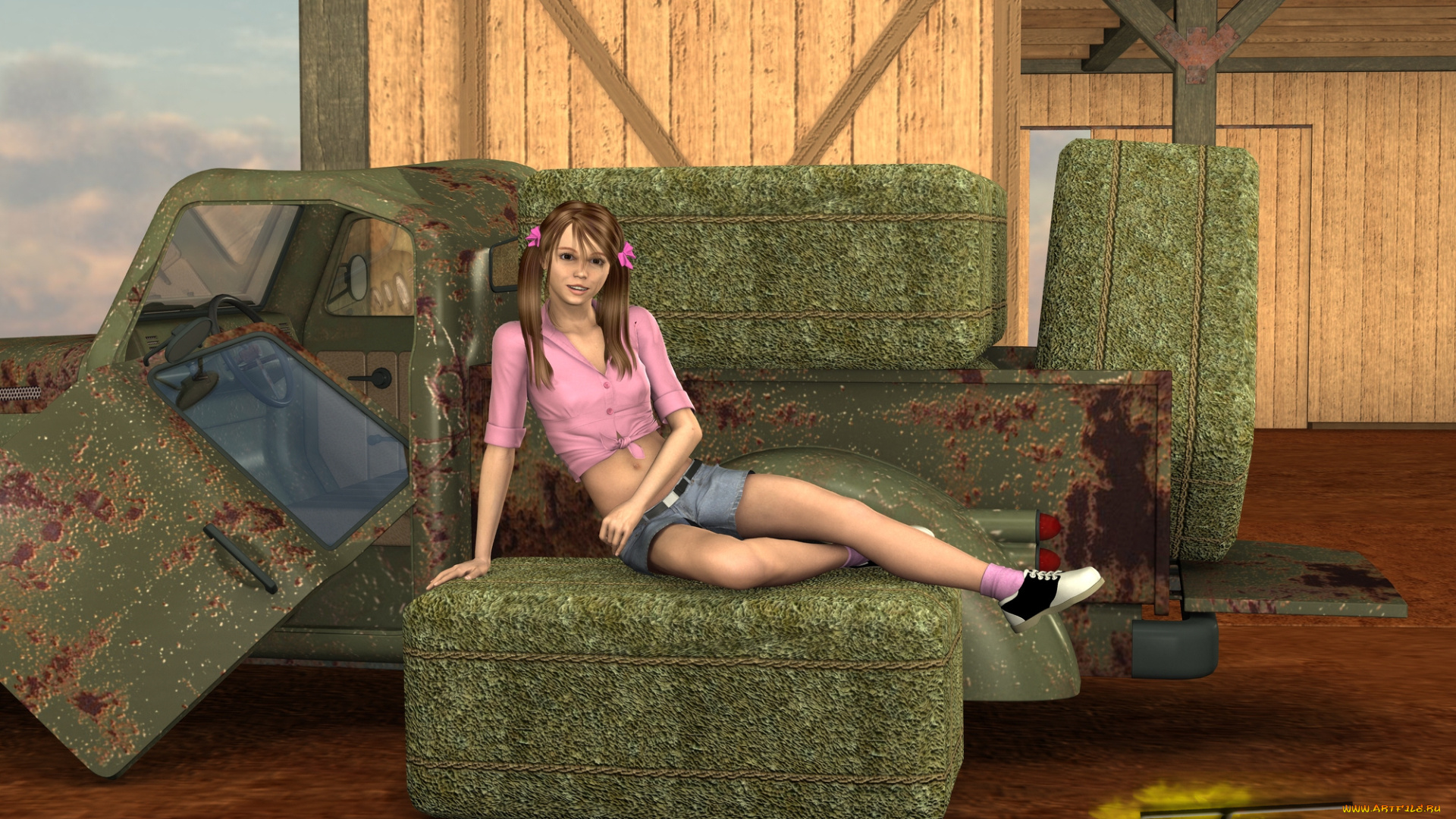 3д, графика, люди, , people, девушка, взгляд, диван