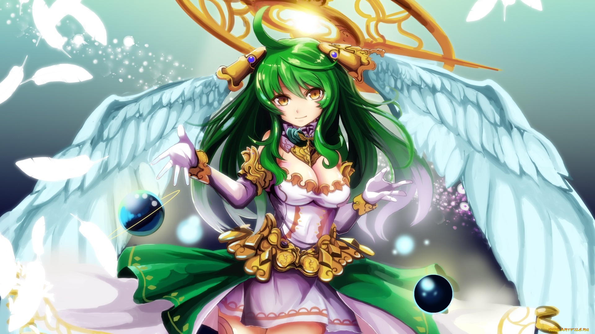 аниме, -angels, &, demons, арт, сфера, перья, грудь, нимб, ангел, крылья, девушка, rin