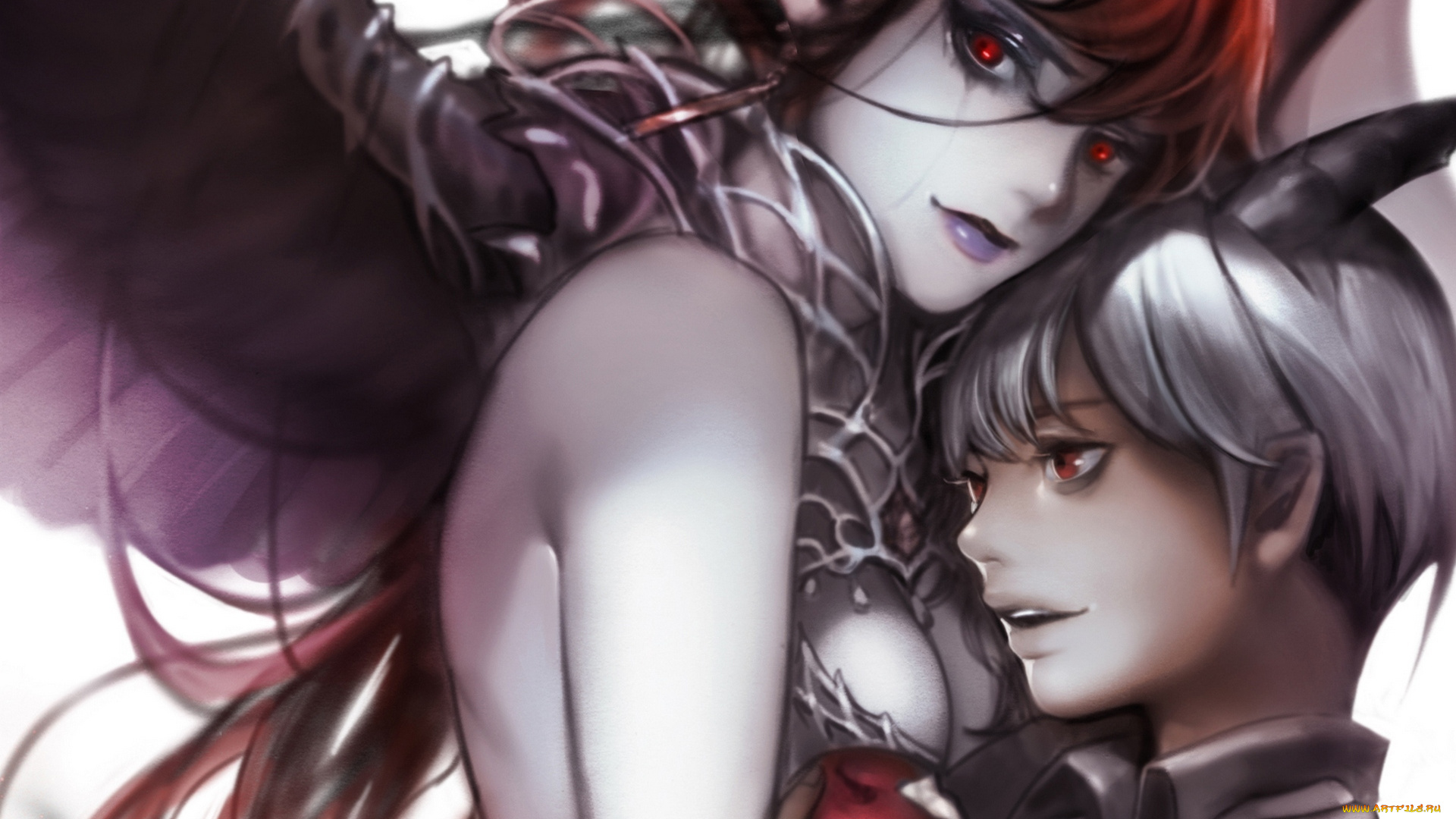 аниме, -angels, &, demons, парень, девушка, яблоко, крылья, рога