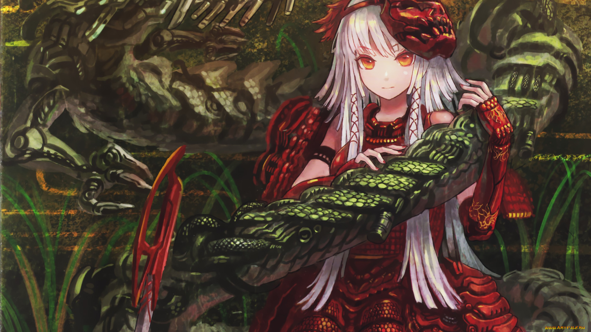 аниме, -weapon, , blood, &, technology, арт, маска, дракон, девушка, denki, оружие, меч