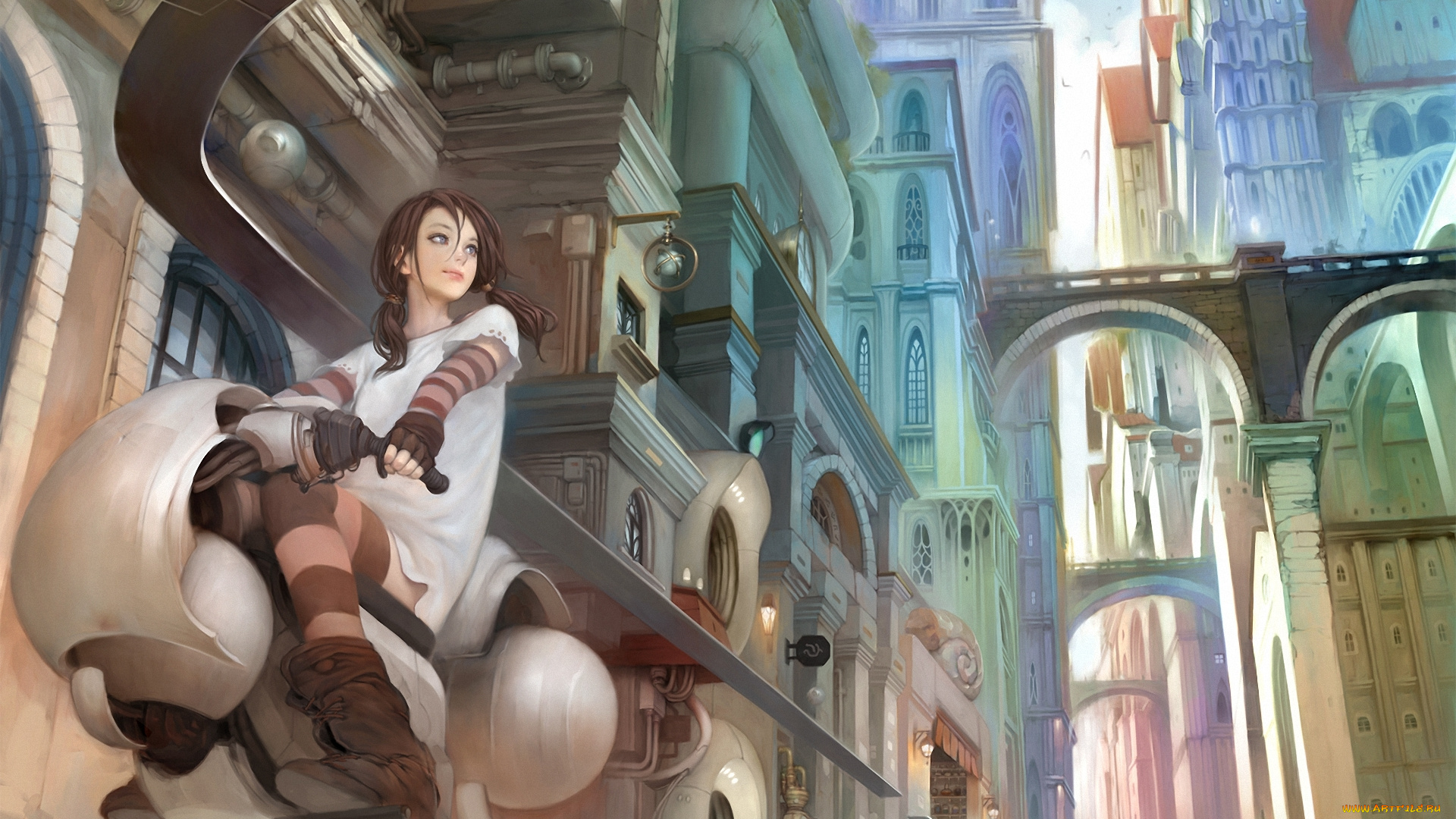 аниме, -weapon, , blood, &, technology, транспорт, мост, поездка, город, мотоцикл, дома, девушка, mlog, арки, mujiha, арт