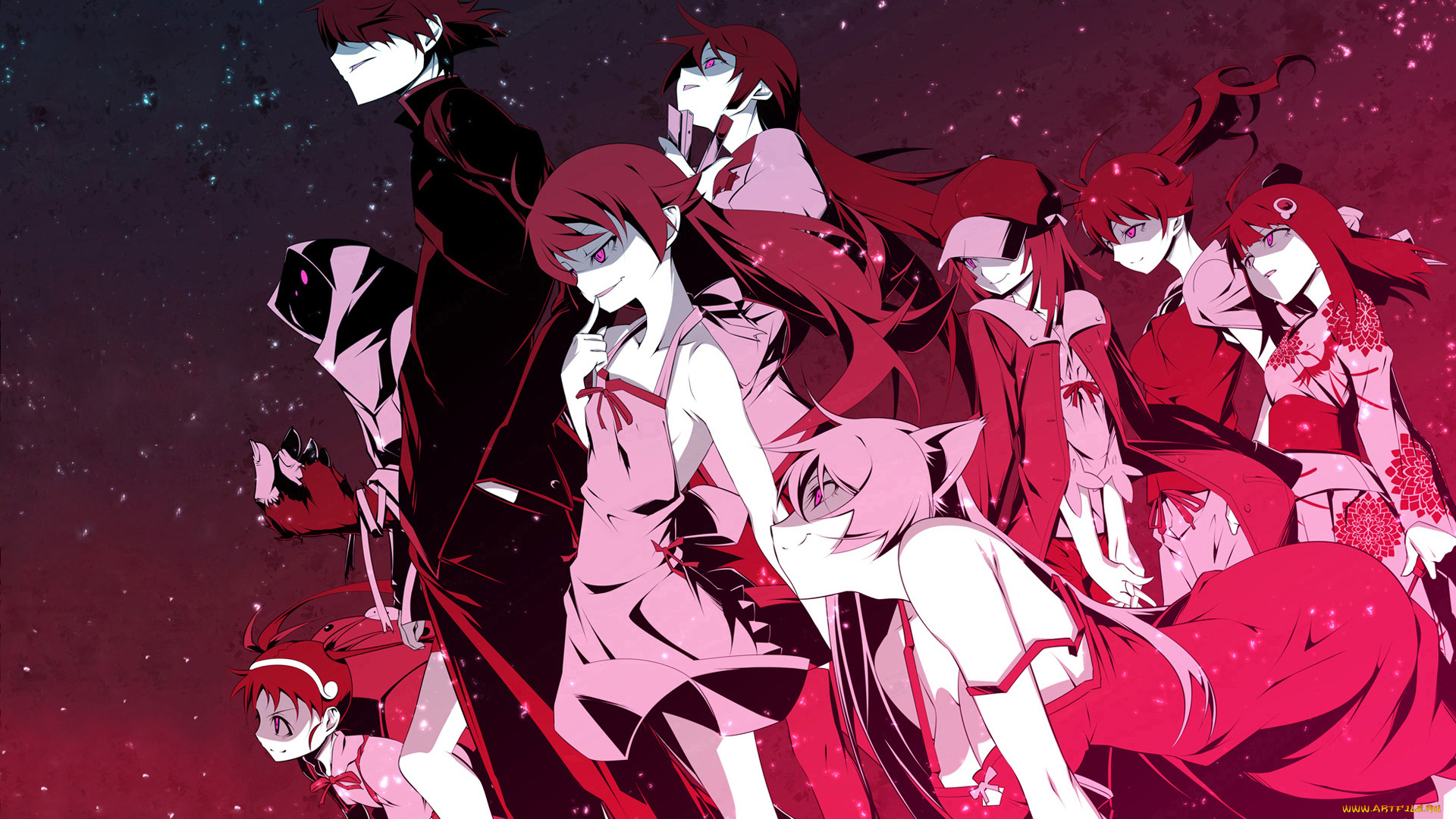 аниме, bakemonogatari, araragi, koyomi, oshino, shinobu, hachikuji, mayoi, black, hanekawa, senjougahara, hitagi, araragi, karen, araragi, tsukihi, sengoku, nadeko, tsubasa, kanbaru, suruga, девушки, мужчина