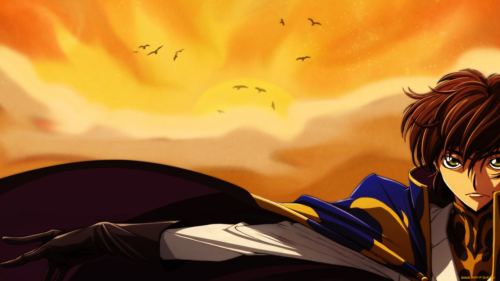 аниме, code, geass, птицы, закат, парень, код, гиасс