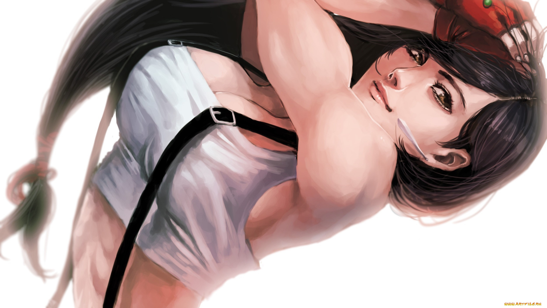 аниме, final, fantasy, арт, tifa, lockhart, final, fantasy, девушка, поза, белый, фон, подтяжки, грудь