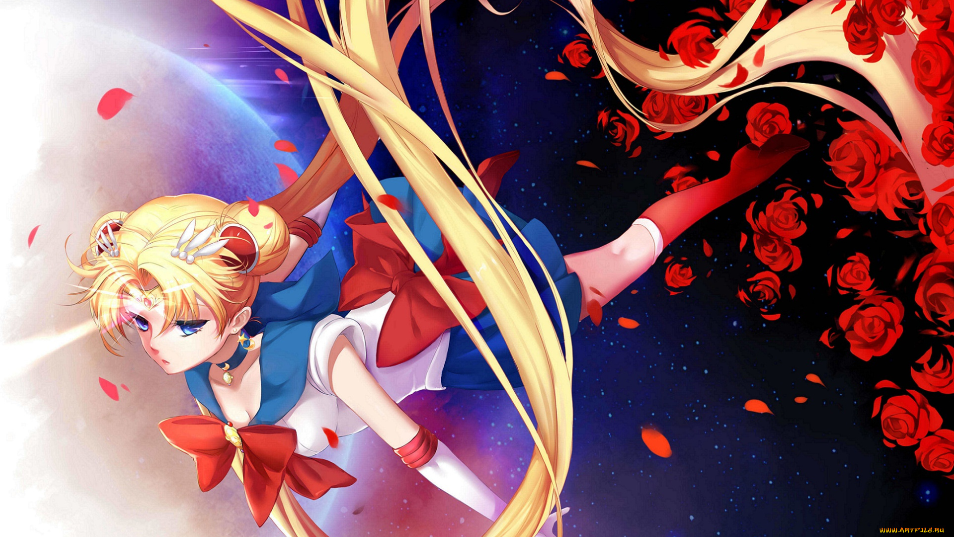 аниме, sailor, moon, art, bishoujo, senshi, sailor, moon, планета, лепестки, цветы, магия, взгляд, tsukino, usagi, yomi, yasou, девушка