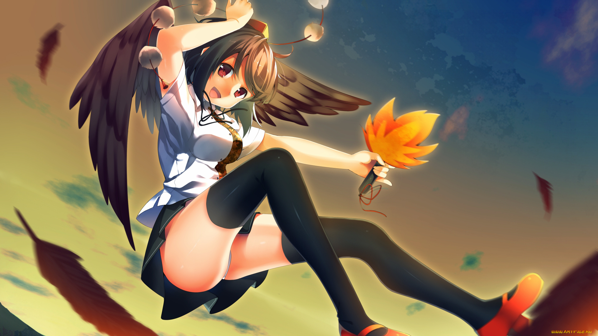 аниме, touhou, трусики, радость, shameimaru, aya, взгляд, девушка, перья, полет, крылья, niwashi, art