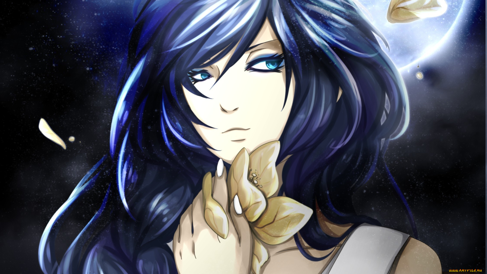 аниме, *unknown, , другое, арт, девушка, цветок, лепестки, луна